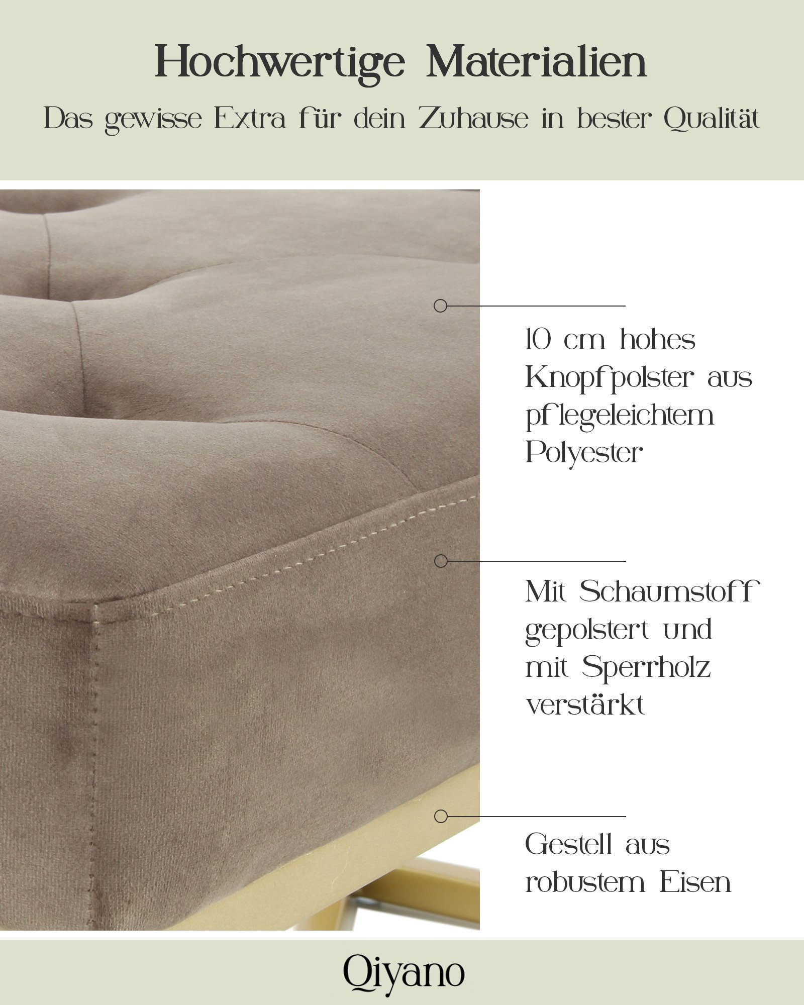 Qiyano mit goldenen Barock-Stil Sitzbank Gesteppte Polsterbank Metallfüßen Taupe Sitz- Samt