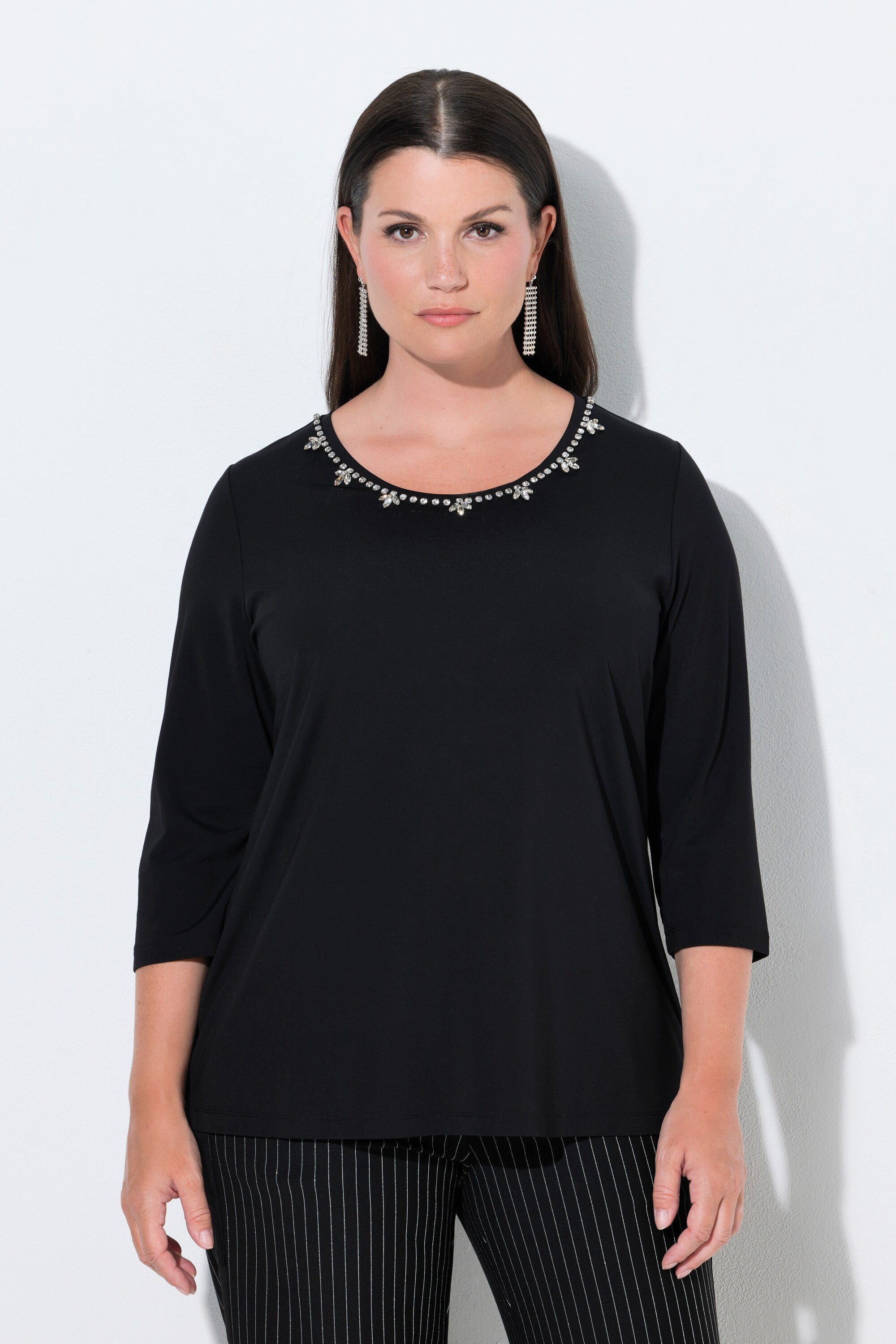 Ulla Popken T-Shirt Punto-Shirt Ziersteine Classic Rundhals 3/4-Arm