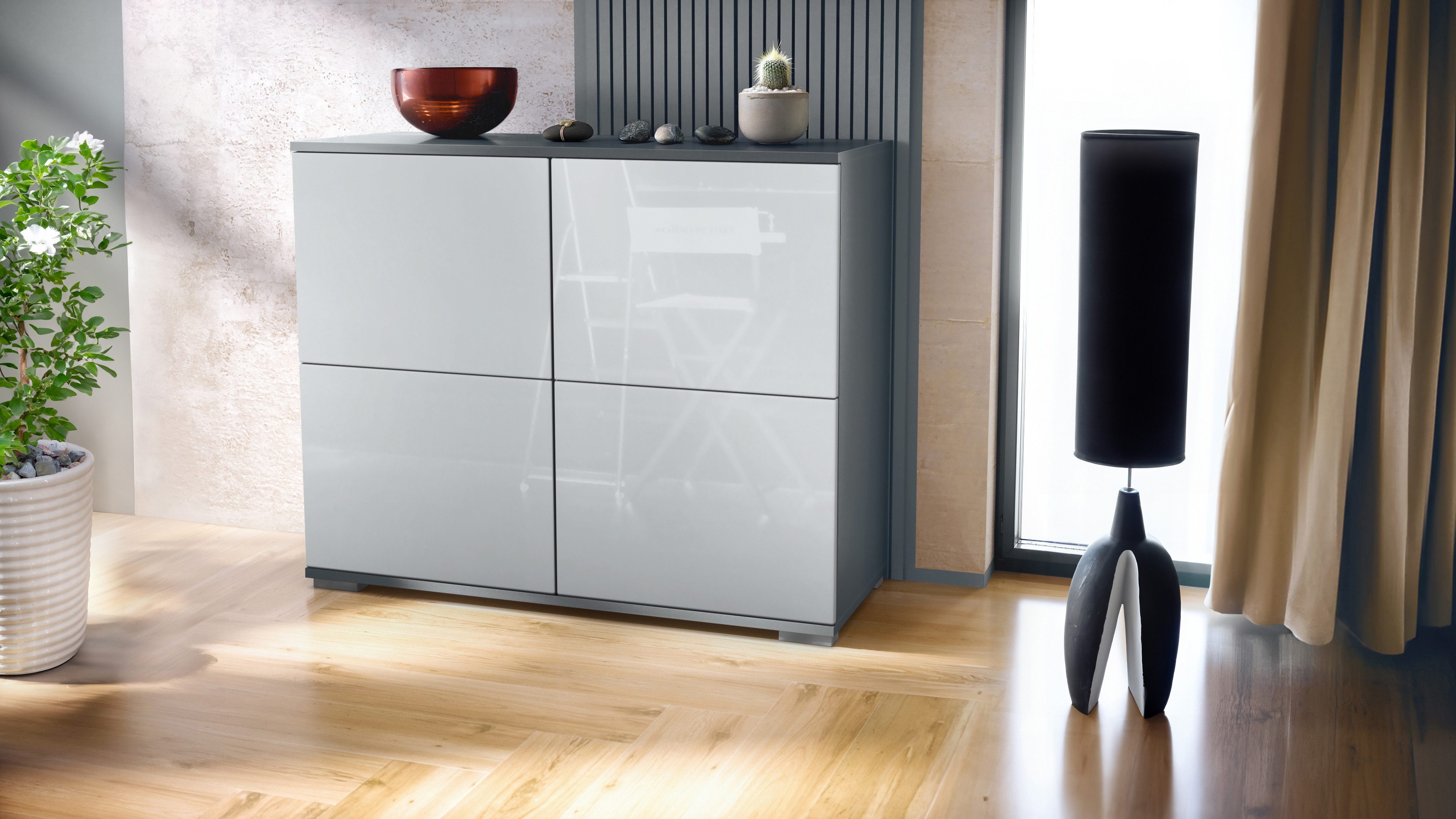 Vladon Kommode Rova V3 (Moderner Küchenschrank, mit 4 Push-to-Open Türen), Anthrazit matt / Weiß Hochglanz (92,5 x 75.5 x 35)