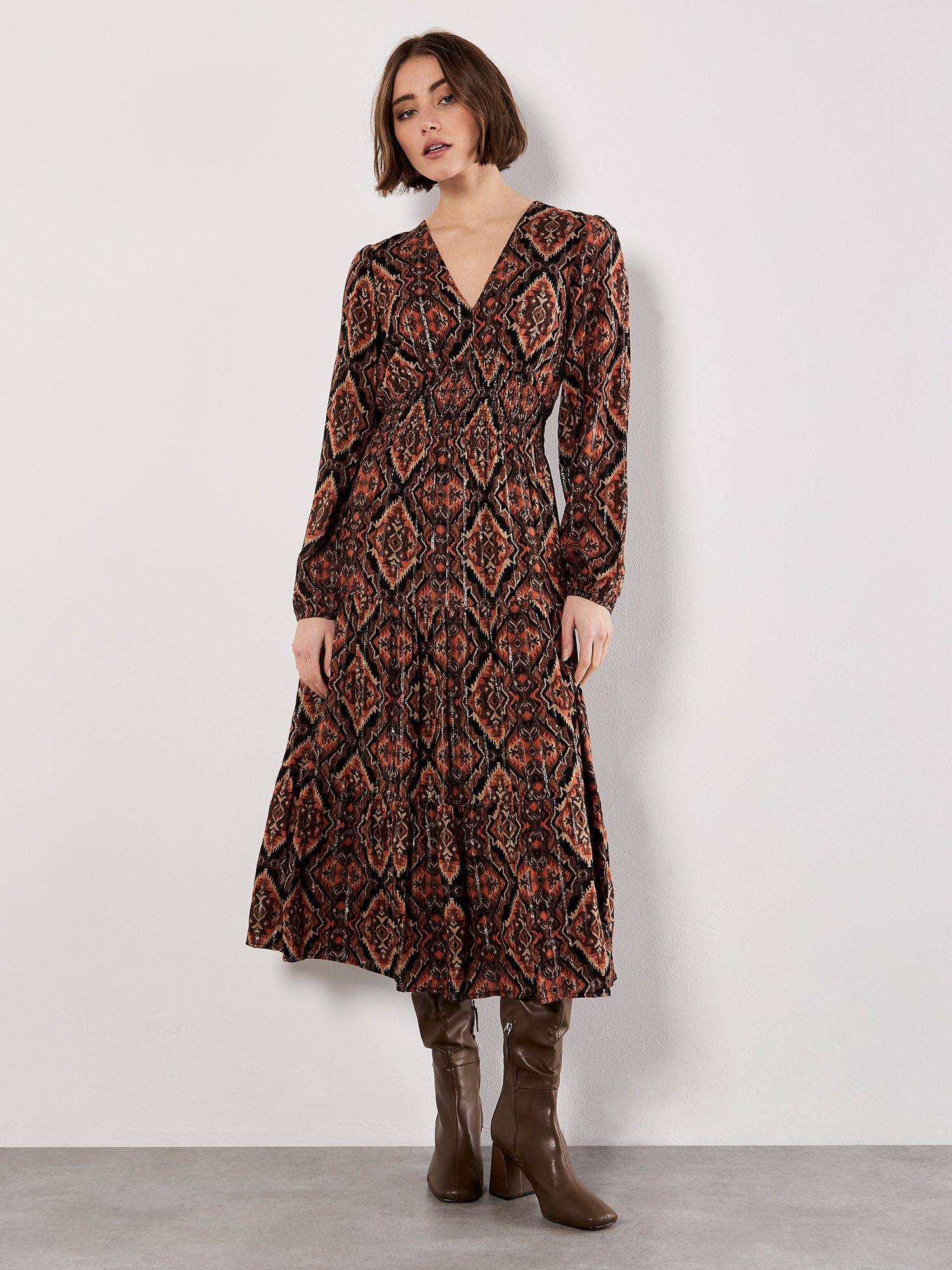 Apricot Druckkleid Midikleid mit Ikatmuster günstig online kaufen