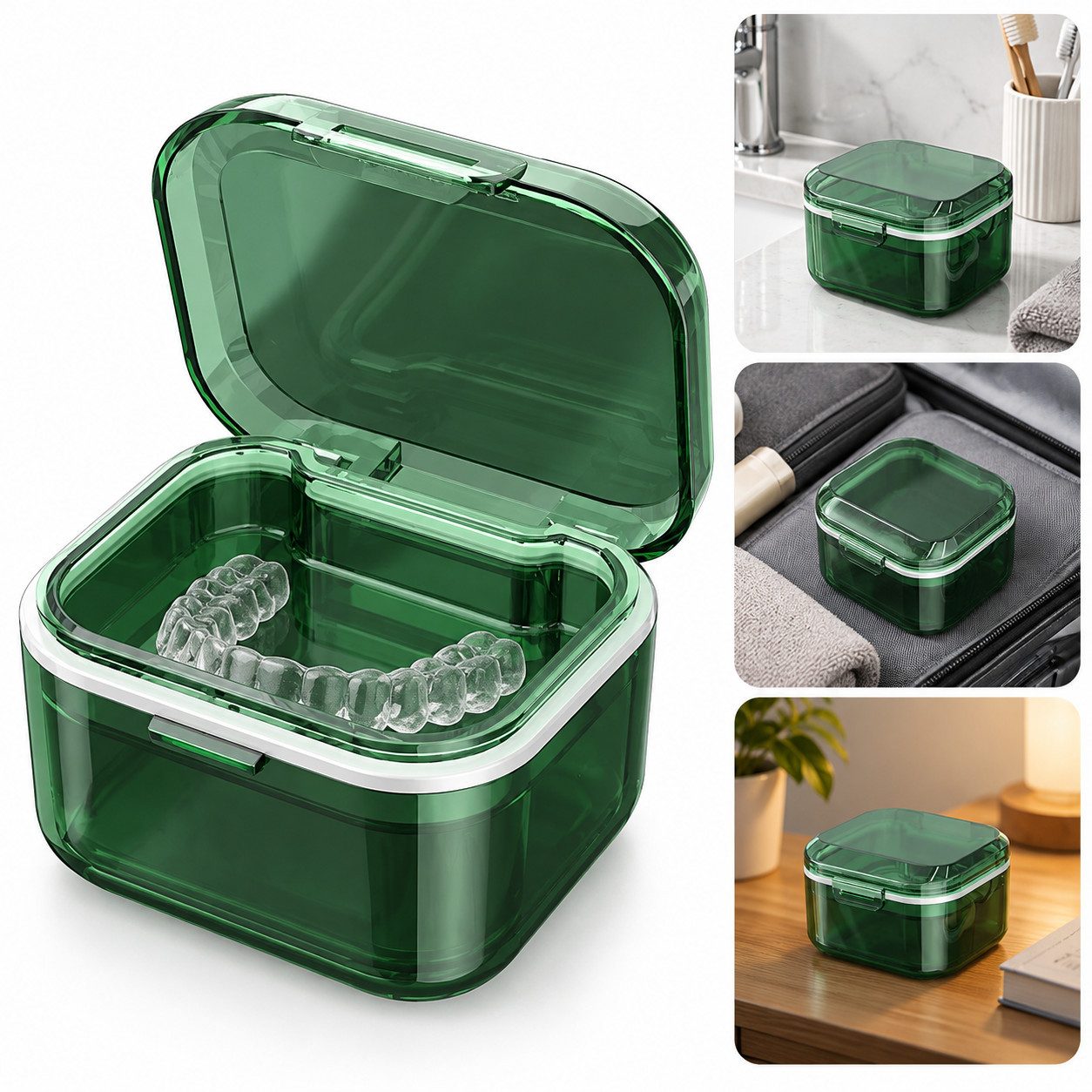 Luckice Zahndose Aufbewahrungsbox für Zahnschiene & Retainer – hygienisch, staubdicht (Set, 1 St., Einschichtige Zahnersatz-Reinigungsbox mit Verschlussclip), Mit Sieb zum Einweichen von Prothesen, für Zahnspangen und Schiene