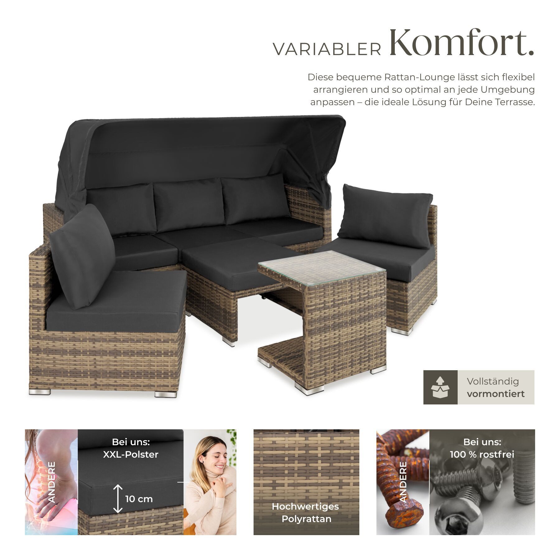 tectake Loungeset Rattan Sitzgruppe, Sicherheitsglasplatte, für 5 bis 6 Personen, (Gartenlounge-set San Marino, 7-tlg., geeignet für Outdoor in Natur), wetterfest und UV-beständig, Dicke der Polster 10 cm