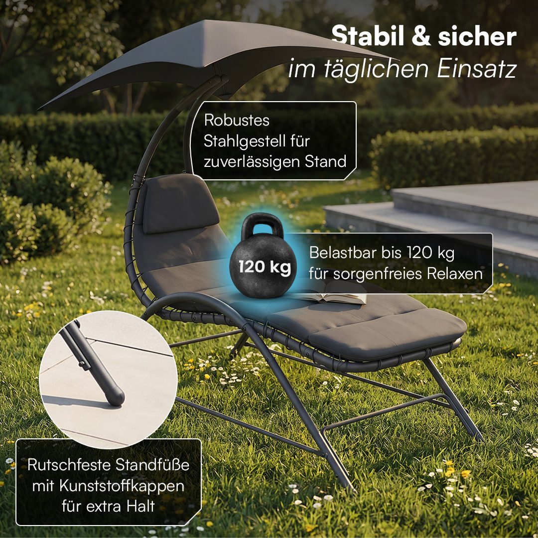 STEELSØN Gartenliege Nyria Sonnenliege mit Sonnendach, anthrazit, Liegestuhl mit Kissen, wetterfest, Relaxliege bis 120kg, Stahlgestell