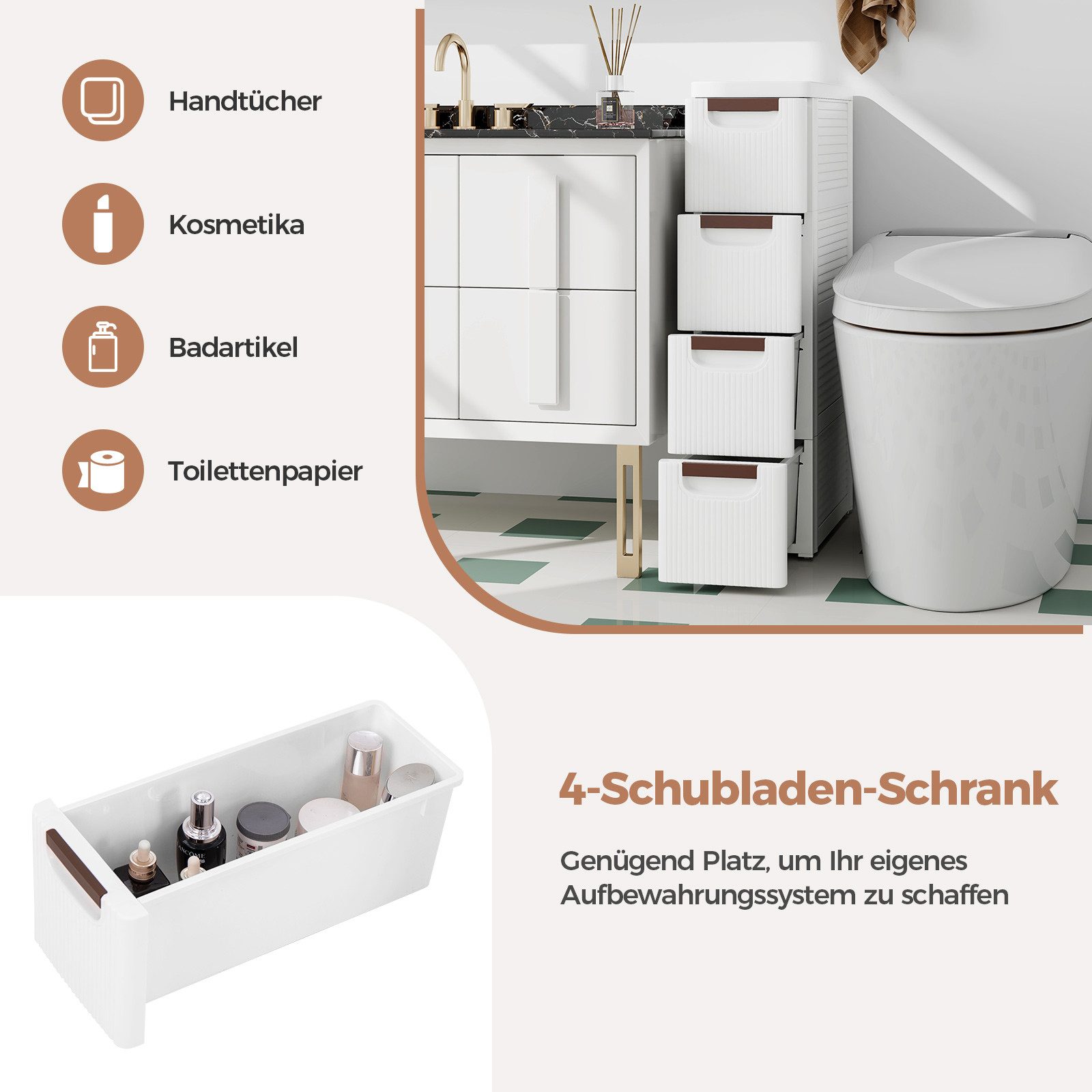 COSTWAY Beistellwagen, Nischenschrank schmal, mit 4 Schubladen & Rollen, weiß