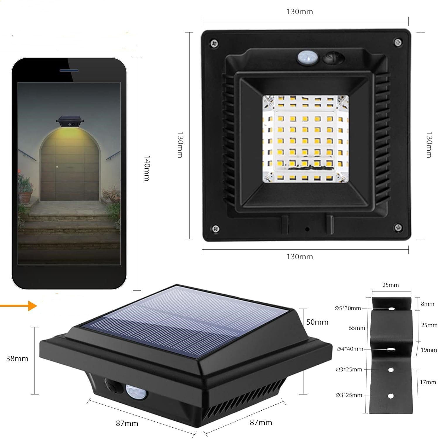 6Stk.Solarlampen PIR-Sensor, mit Außen, für 25 LEDs Warmweiß Dachrinnenleuchte KEENZO