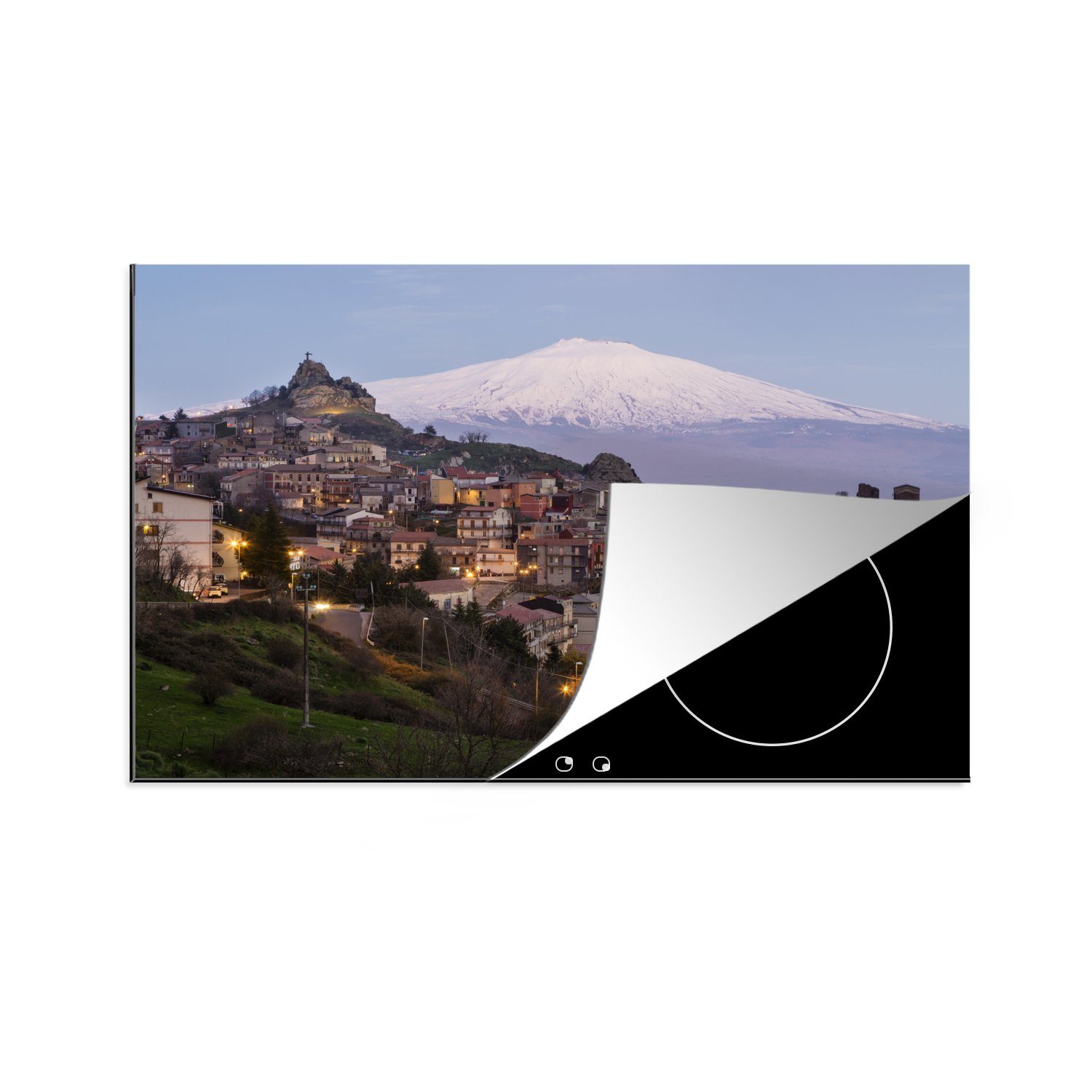 MuchoWow Herdblende-/Abdeckplatte Luftaufnahme des Ätna über Messina in Italien, Vinyl, (1 tlg), 81x52 cm, Induktionskochfeld Schutz für die küche, Ceranfeldabdeckung