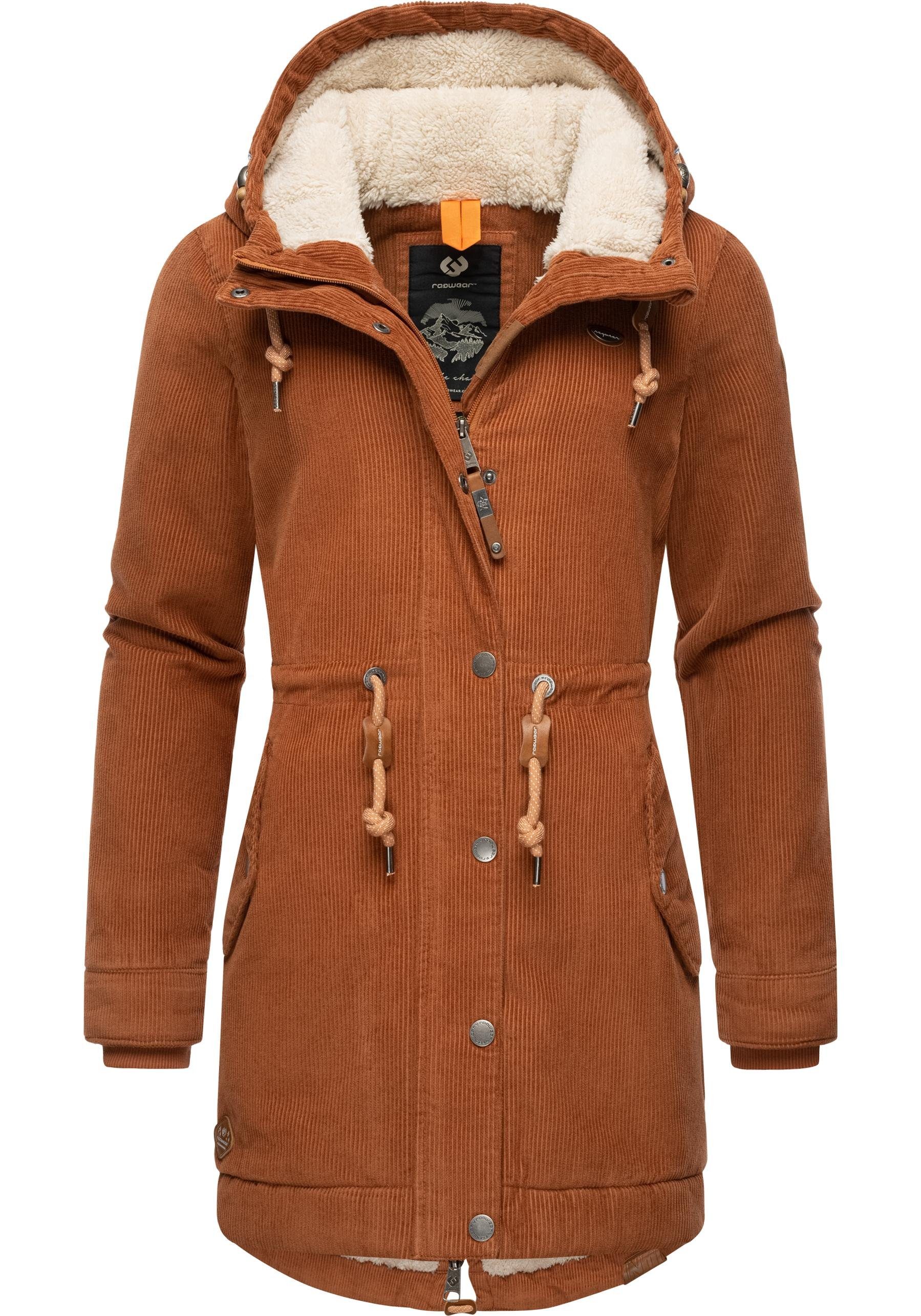 Ragwear Winterjacke Canny Corduroy stylischer Damen Cordmantel mit Kapuze