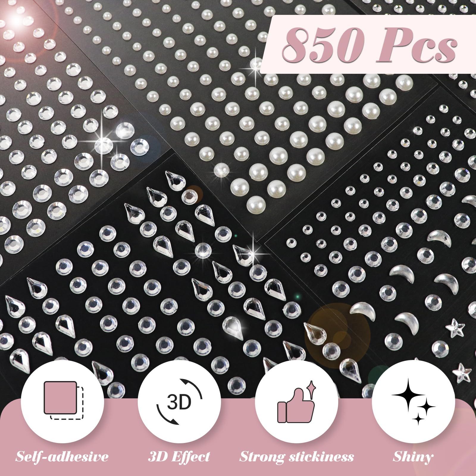 FOUORTUNATE-BEE Nageldesign Zubehör 850 Strasssteine selbstklebend für Gesicht Körper Nägel DIY Deko, Strasssteine Set 850 Stück selbstklebend für Gesicht Nail  – Bild 3 von 5