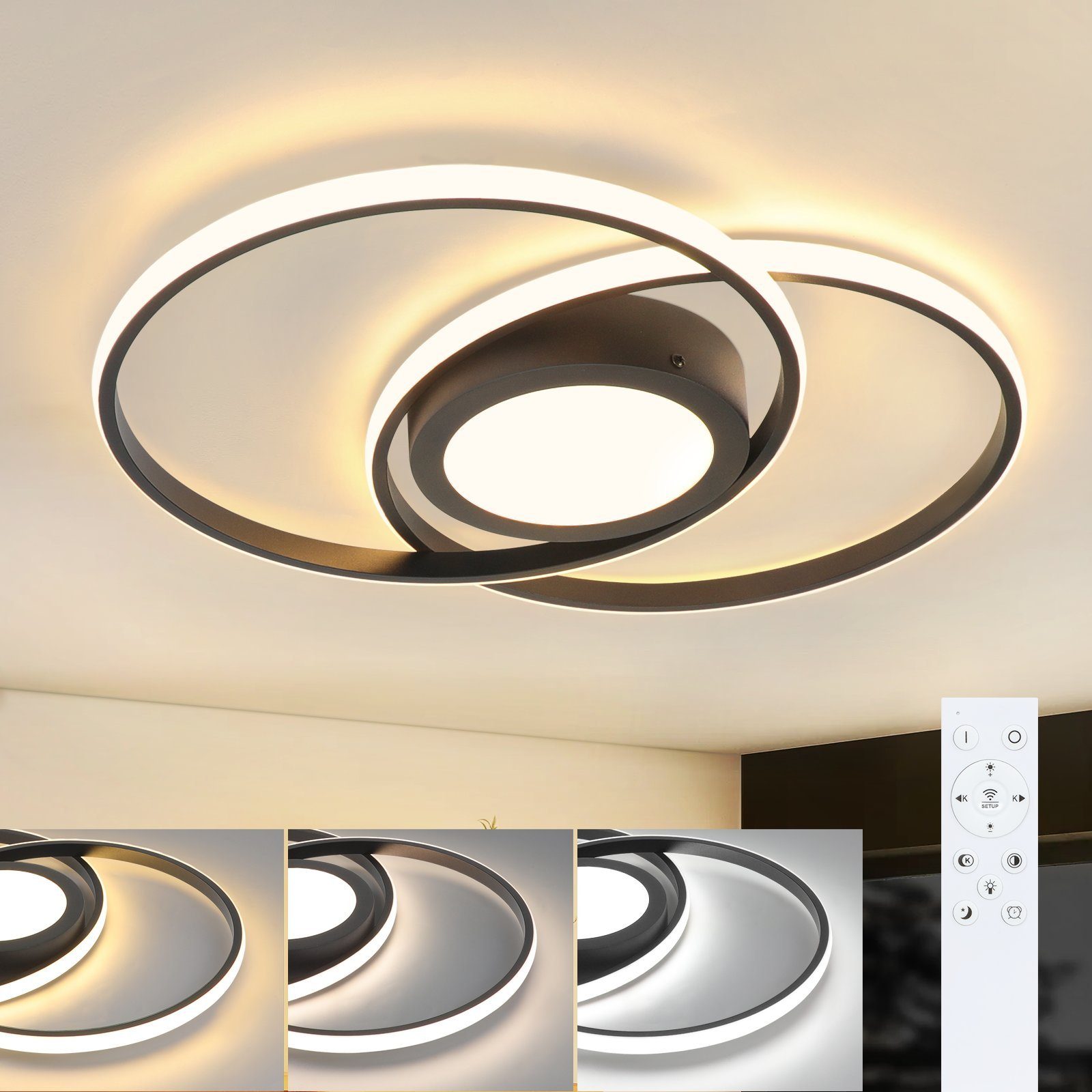 ZMH LED Deckenleuchte Wohnzimmer Deckenlampe Dimmbar mit Fernbedienung Modern 48W Flur, NachtlichtTiming, LED fest integriert, 3000-6500k, Augenschutz