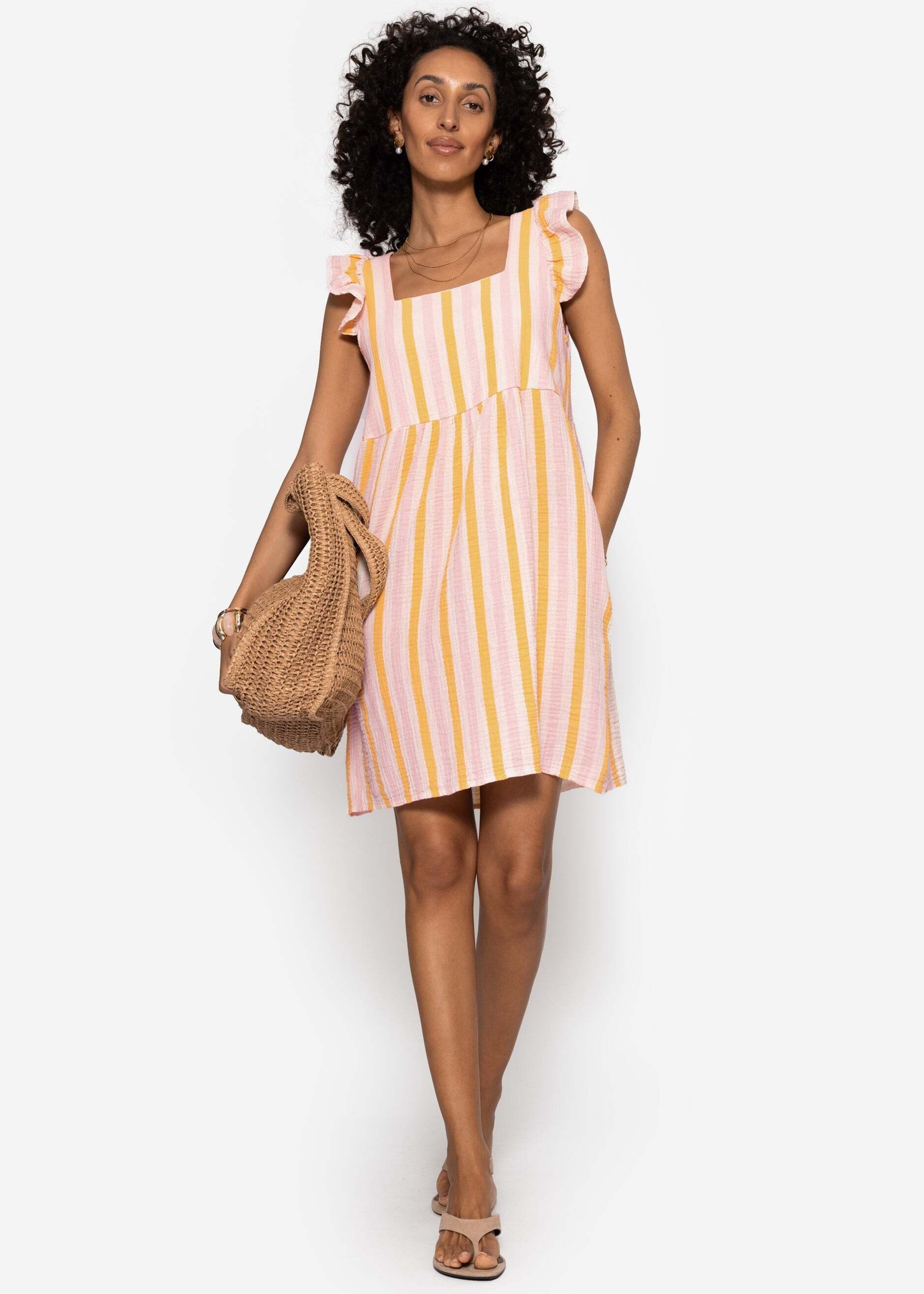 SASSYCLASSY Minikleid Gestreiftes Musselinkleid Damen Kleid aus Musselin im Streifenmuster mit Rüschenärmel – Bild 5 von 5