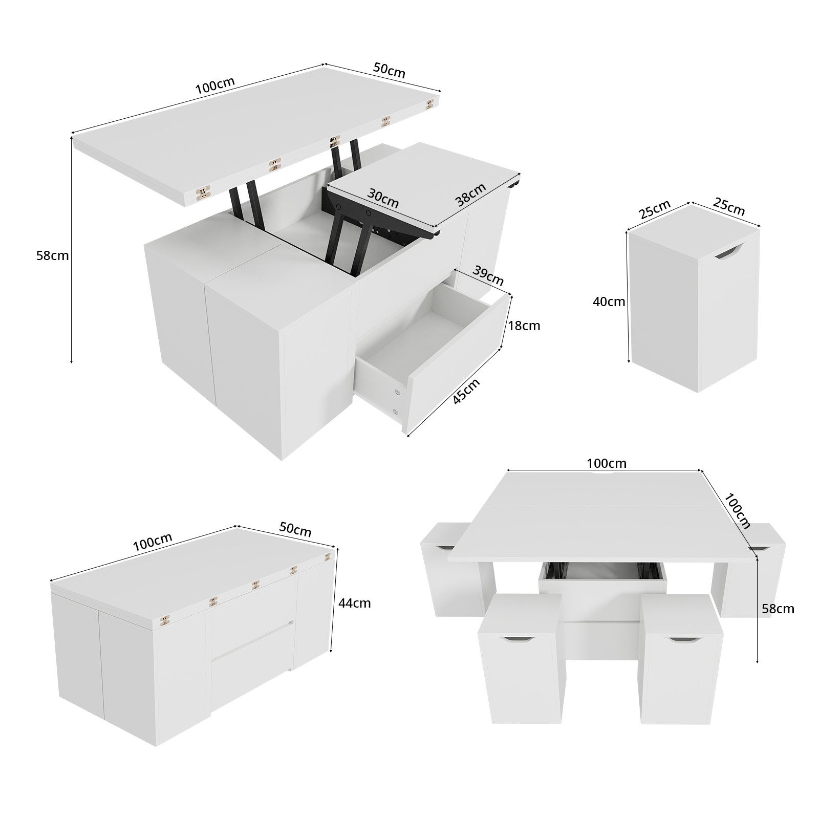 VOWNER Couchtisch Höhenverstellbarer, 4-in-1 Mehrzweckcouchtisch, 4 Stühle, günstig online kaufen