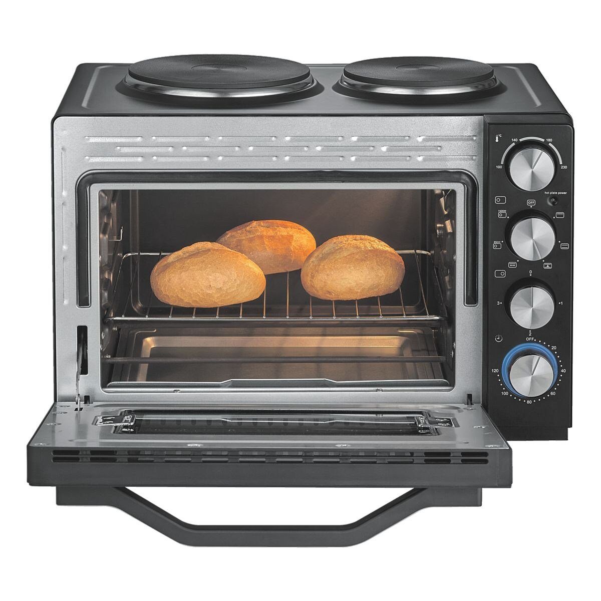 Severin 2-in-1-Toaster TO 2074, für Kuchen, Brötchen, Pommes, Grillhänchen, Kochtopf, Bratpfanne etc., 2500 W, Back- / Toastofen, 2 Kochplatten, 30 Liter, 100°C-230°C, 2500 Watt
