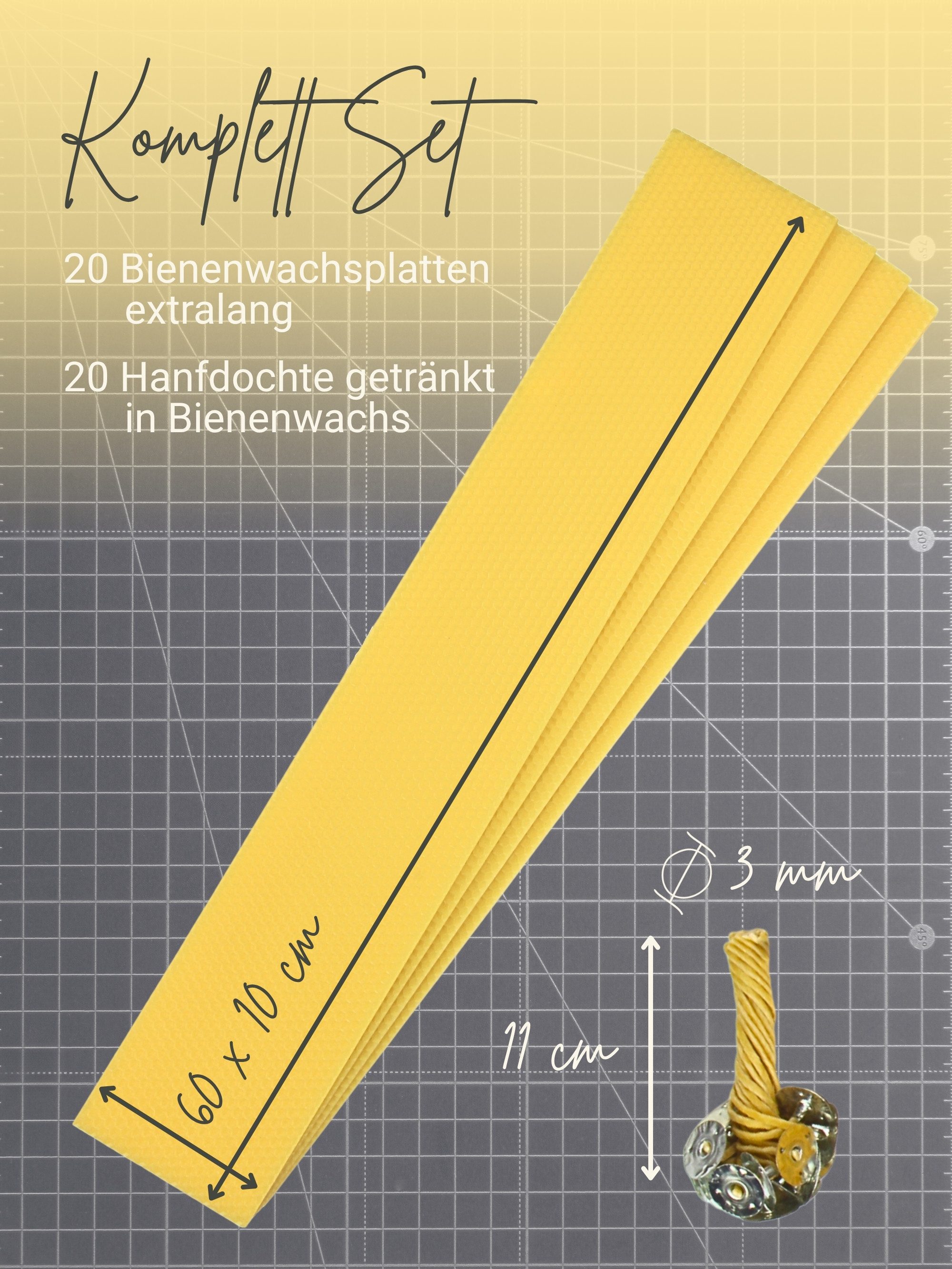 Wachsmann Bienenprodukte Bienenwachsplatten 60 x 10 cm für Stumpenkerzen (20 Wachsplatten + 20 Hanfdochte), 100% reines Bienenwachs