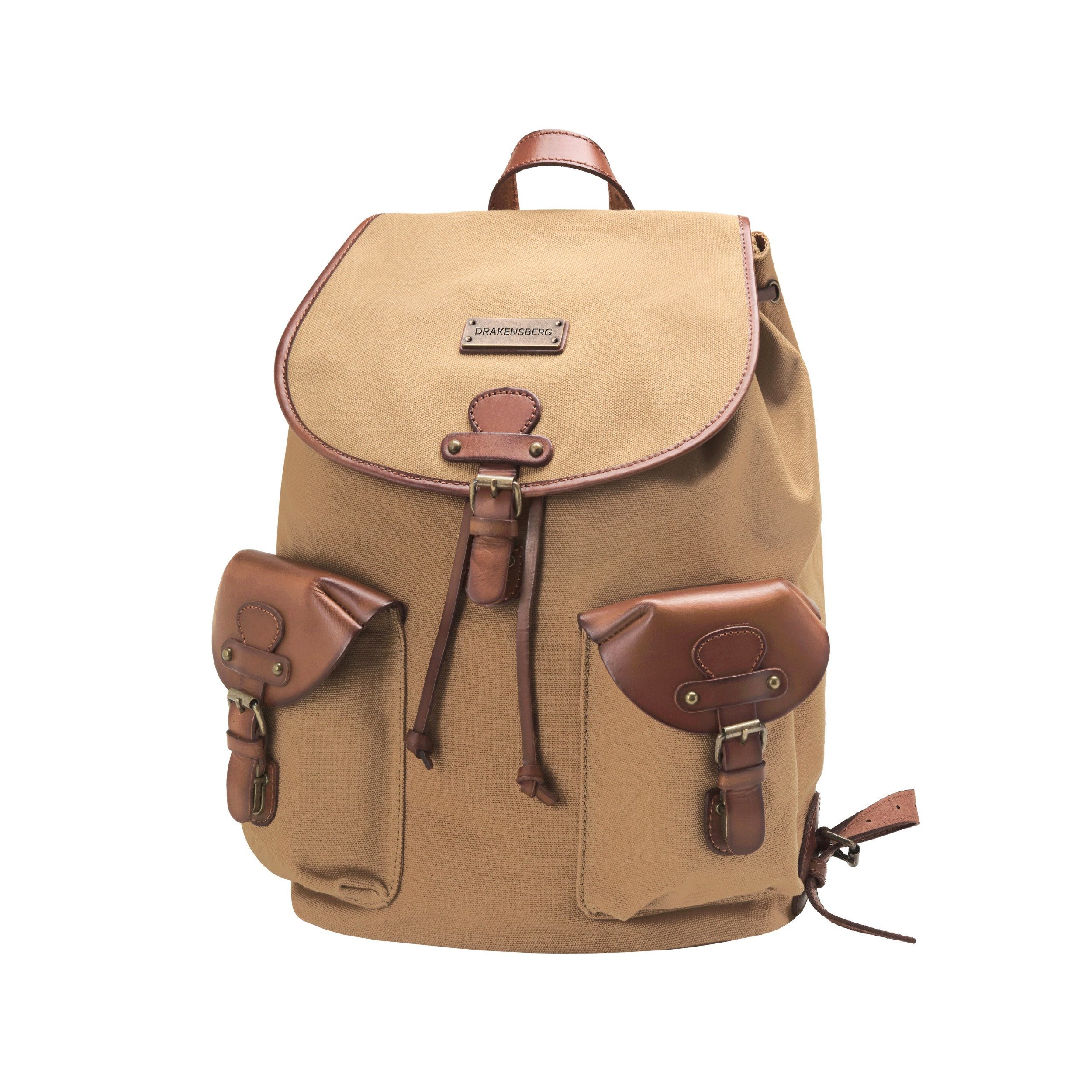 DRAKENSBERG Wanderrucksack »Henrietta« Khaki-Beige, Wanderrucksack aus wasserabweisendem Canvas mit Leder-Beschlägen