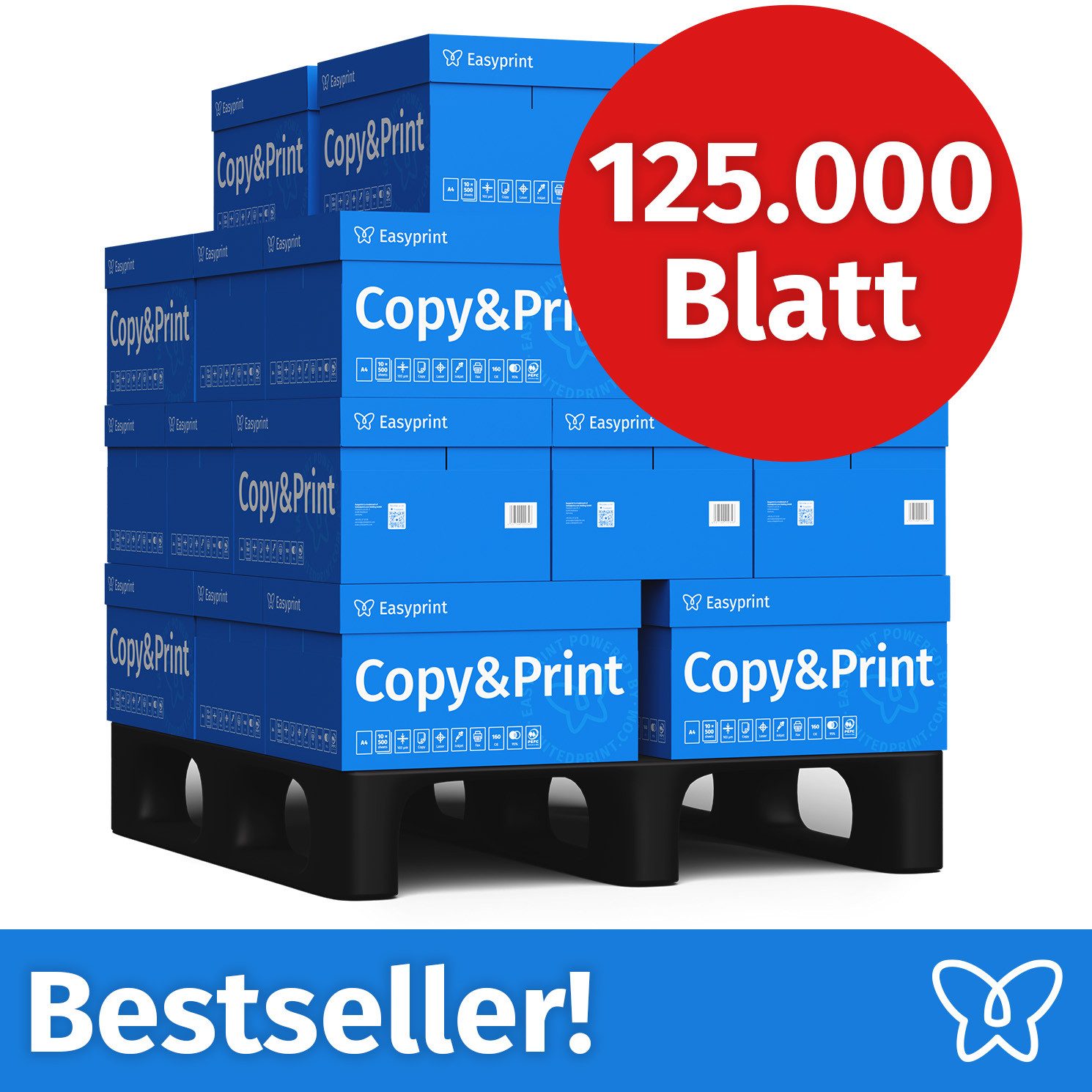 Easyprint Drucker- und Kopierpapier Kopierpapier 125000 Blatt A4 Premium Hochweiß CIE 160 Testsieger PEFC, PEFC-Zertifikat (GFA-PEFC-COC-500582)