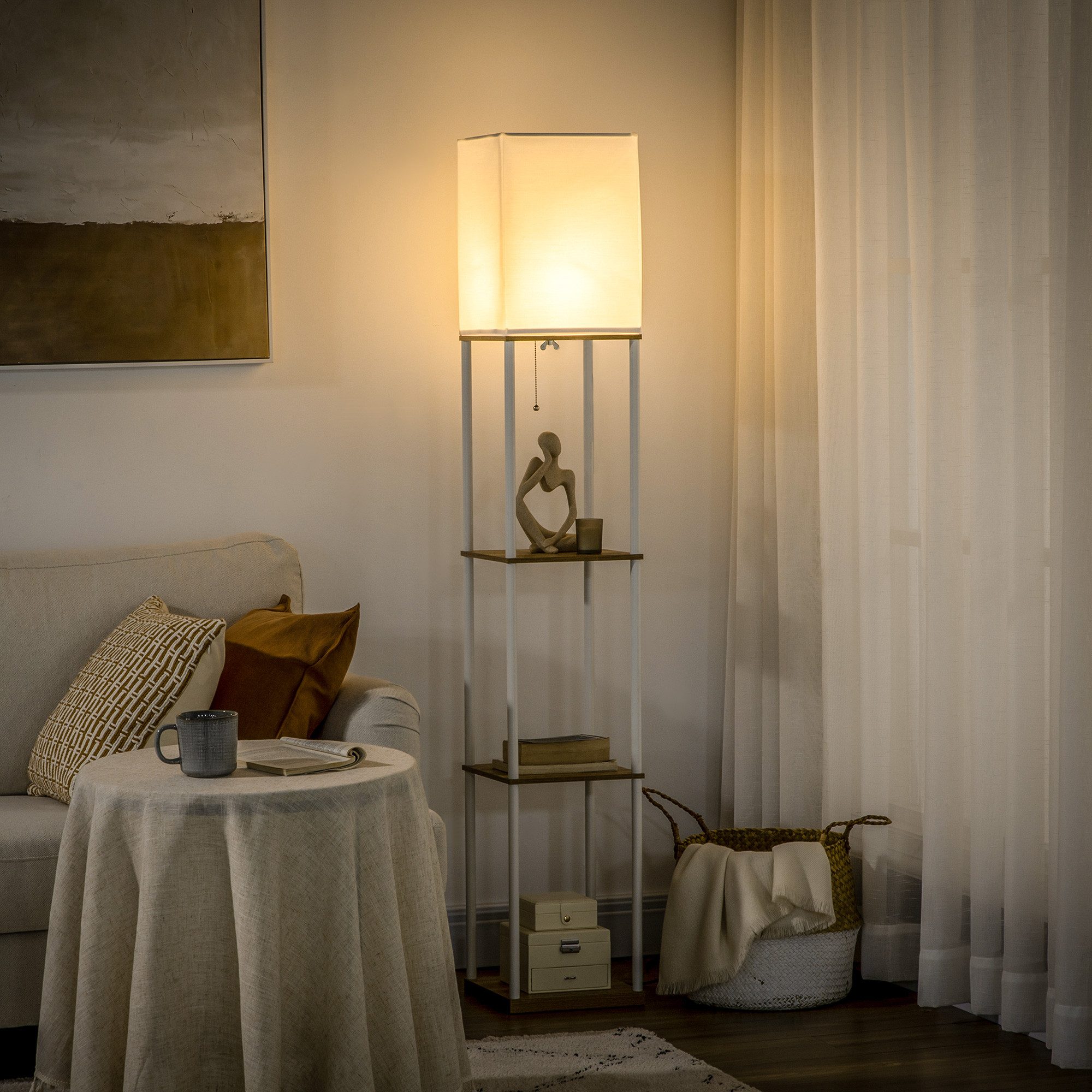 HOMCOM Stehlampe Stehleuchte Standleuchte mit Regal, E27 Fassung, exkl. Glühbirne, Leuchtmittel wechselbar, für Wohnzimmer, Weiß