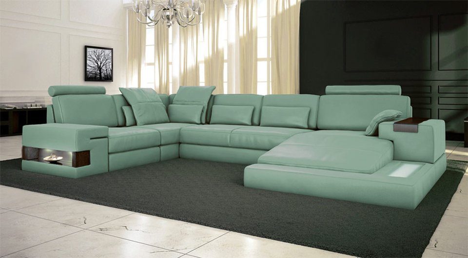 BULLHOFF Wohnlandschaft Leder Wohnlandschaft XXL Sofa U-Form Couch Grün LED Designsofa HAMBURG Evergreen - Grün | Wohnlandschaften