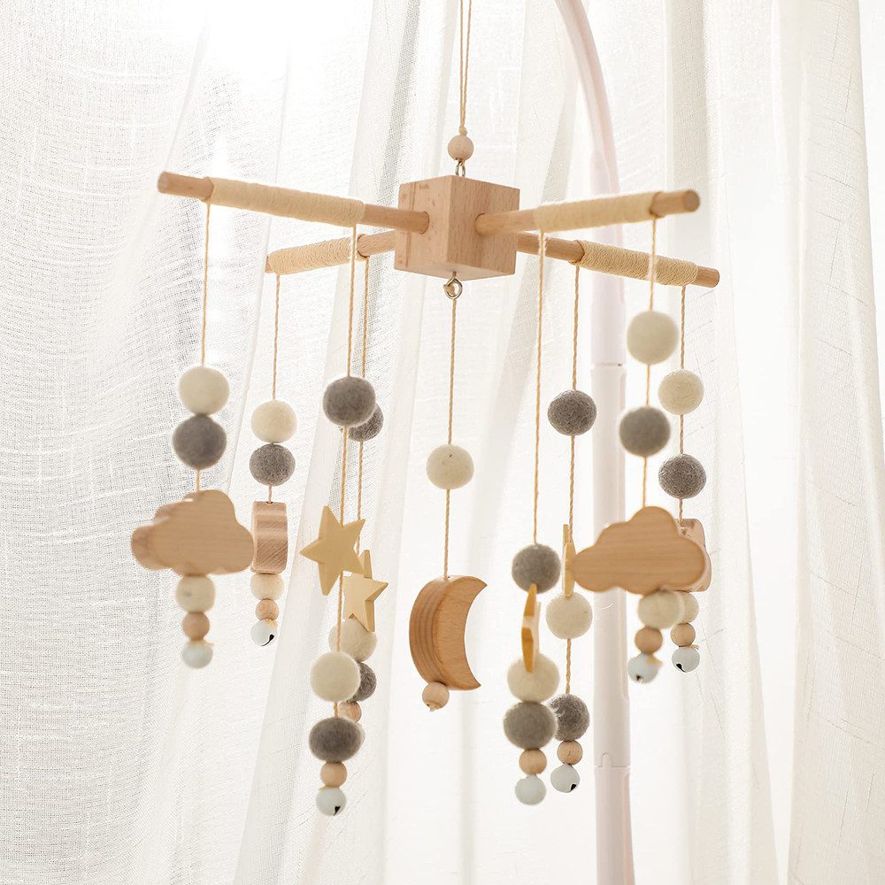 CLTYQ Mobile Holz Baby Mobile mit Sternen & Mond,Windspiel Rassel Babybett Mobile, Hängende Bettglocke für Kinderzimmer,Neugeborenen Geschenk