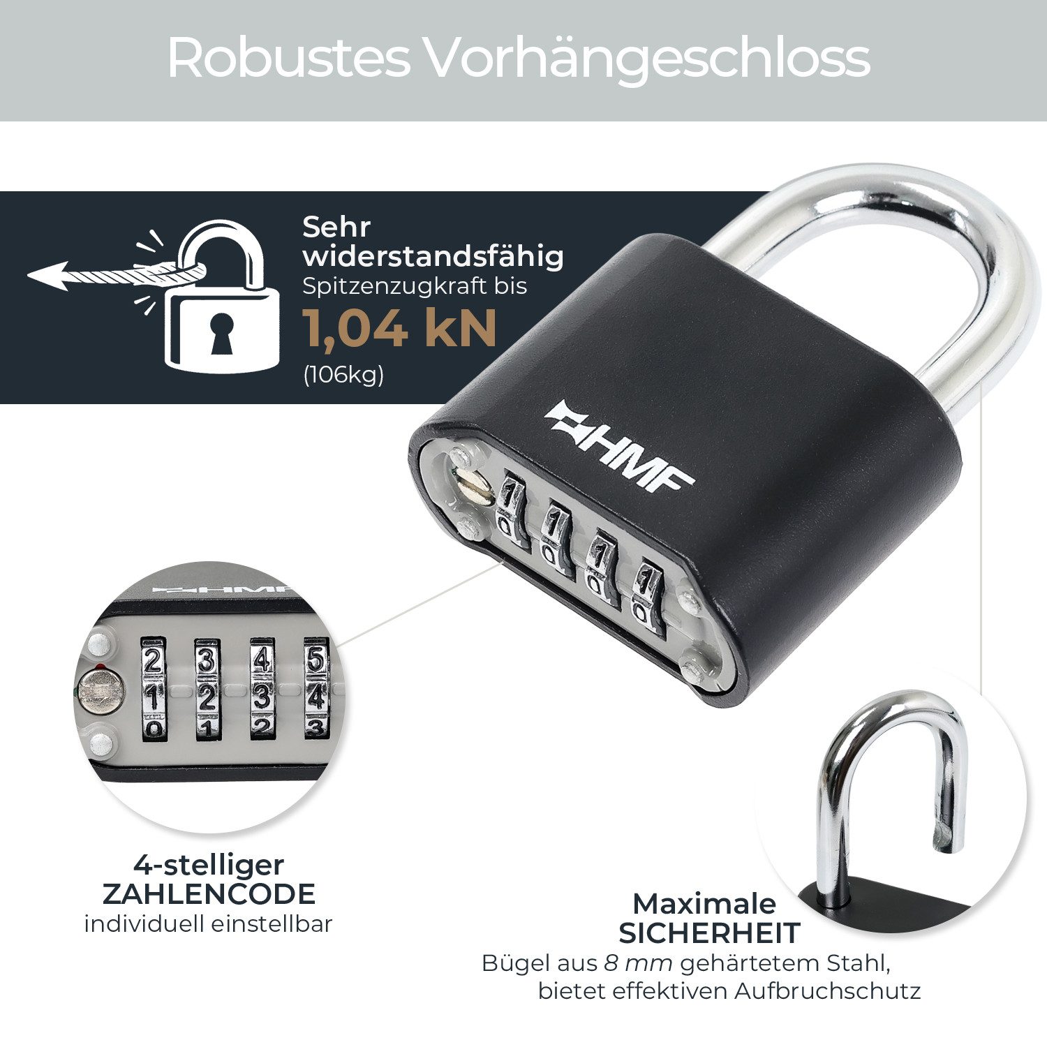 HMF Vorhängeschloss Zahlenschloss Vorhängeschloss, robustes Schloss mit 4-stelligem, Zahlencode aus Zinklegierung, 5,3 x 2,4 x 7,8 cm, Schwarz