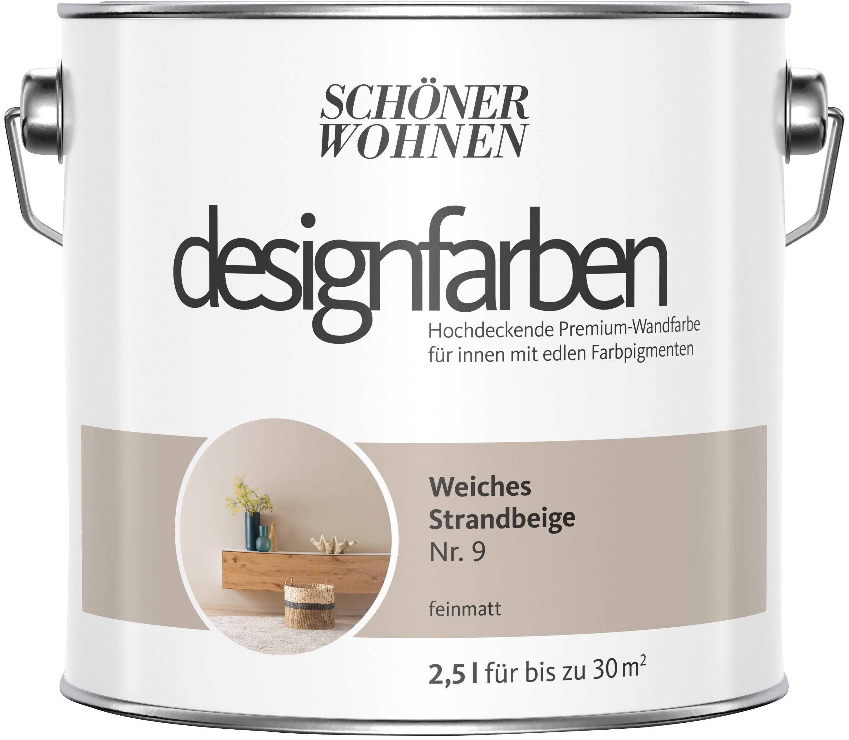 SCHÖNER WOHNEN FARBE Wandfarbe designfarben, 2,5 Liter, Weiches Stranbeige Nr. 9, hochdeckende Premium-Wandfarbe