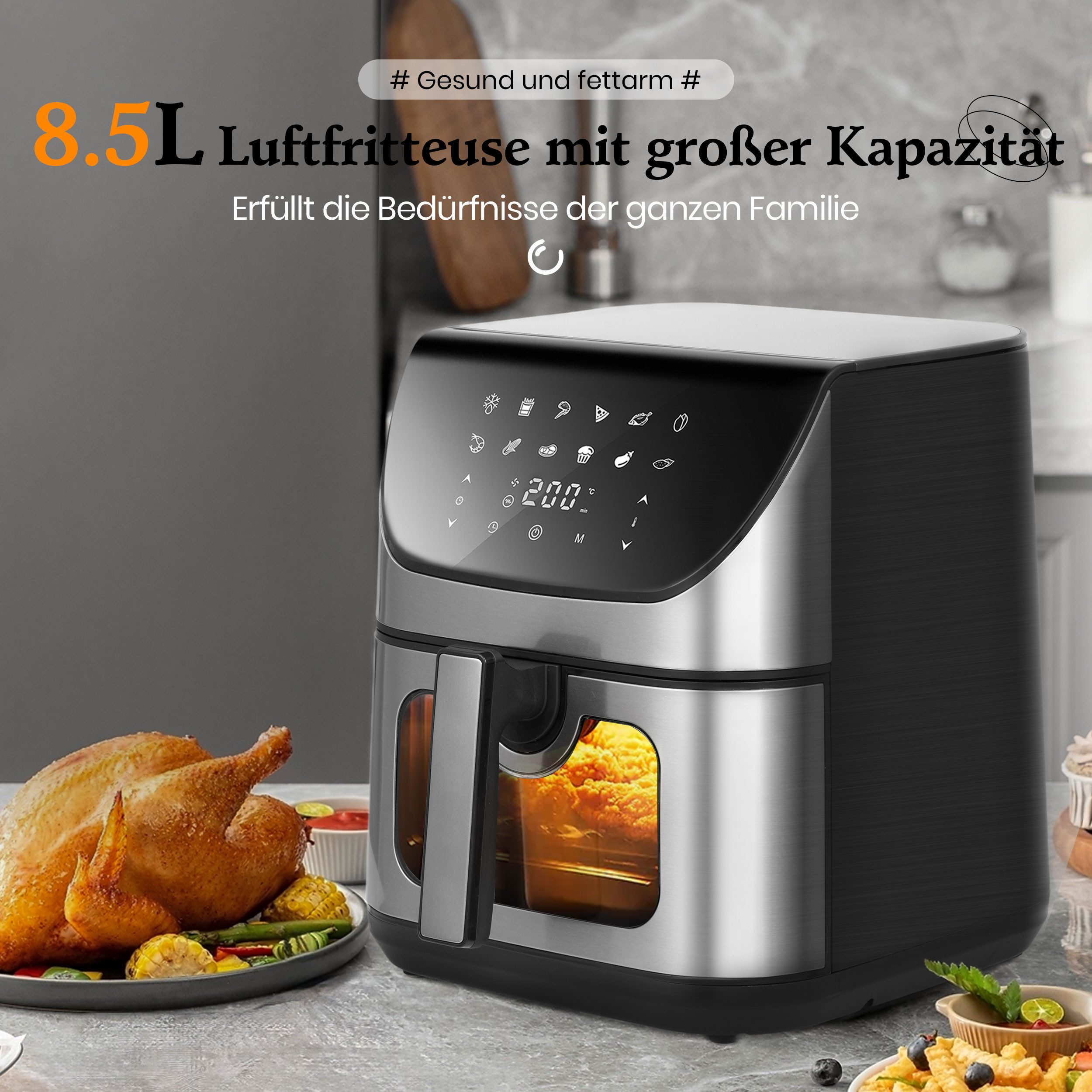 WHEELYOU Heißluftfritteuse 8.5 L Airfryer – 1800 W, Sichtfenster & LED-Display für fettarmes Kochen, 1800,00 W, Genießen Sie knusprige Ergebnisse mit wenig Öl