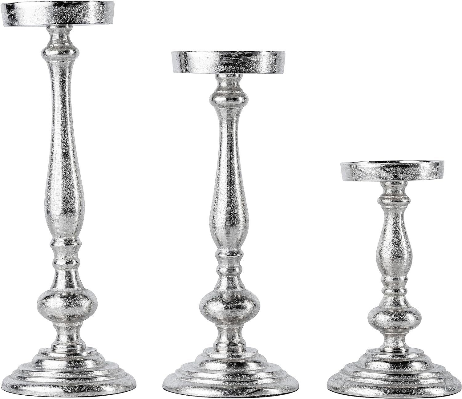 MichaelNoll Kerzenständer Kerzenständer 3er Set Silber Deko Stumpenkerzen - H 21, 31 und 36 cm | Kerzenständer