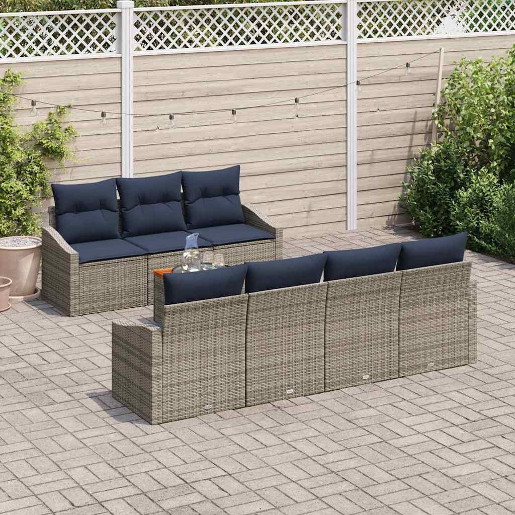 vidaXL Gartenlounge-Set Gartensofa-set 8 pcs Grau und Marineblau Poly-Rattan, (8-tlg)