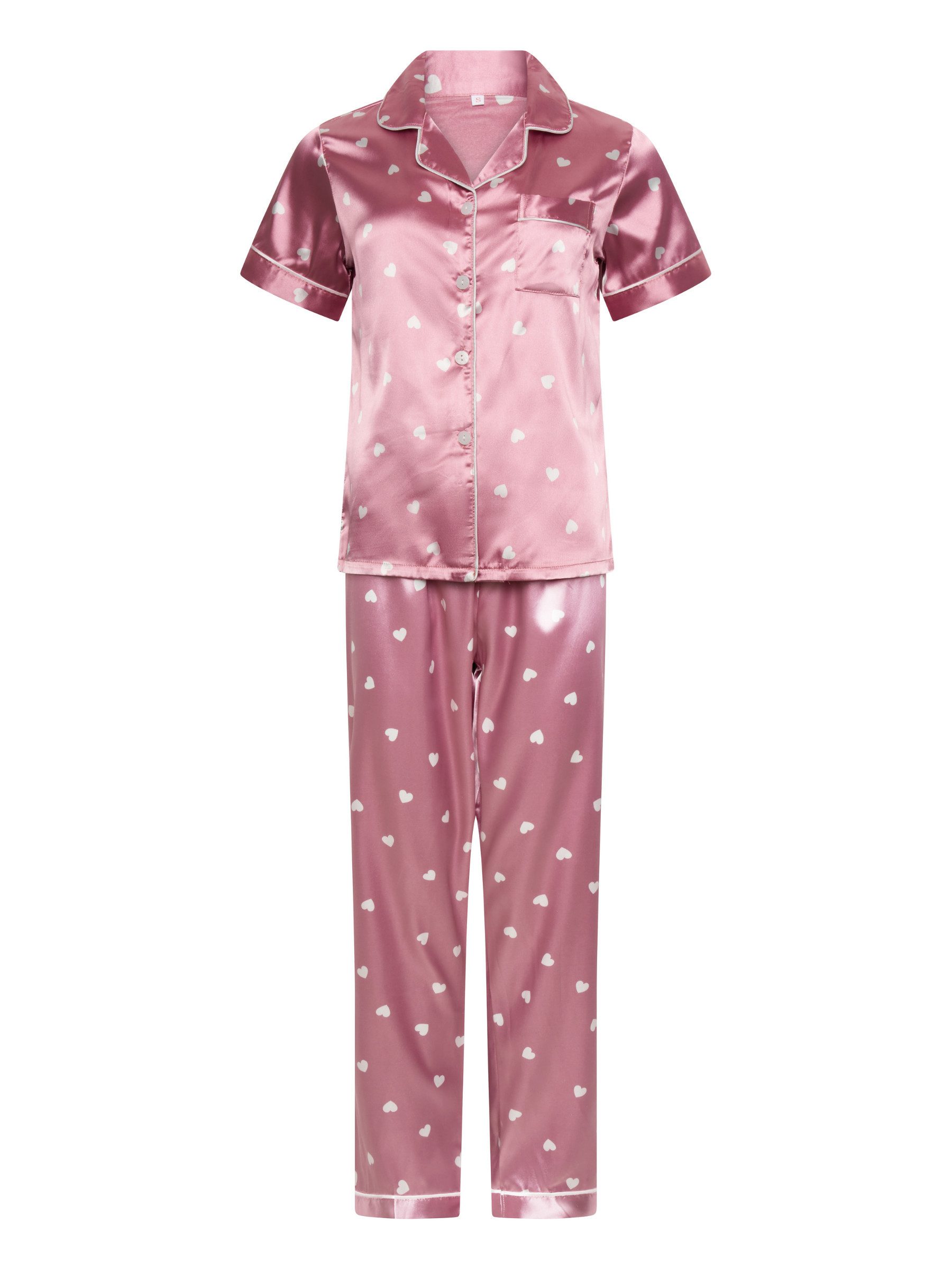 Orchibelle Schlafanzug Nachtwäsche mit Herzmuster & Kurzarm – Satin Pyjama- günstig online kaufen