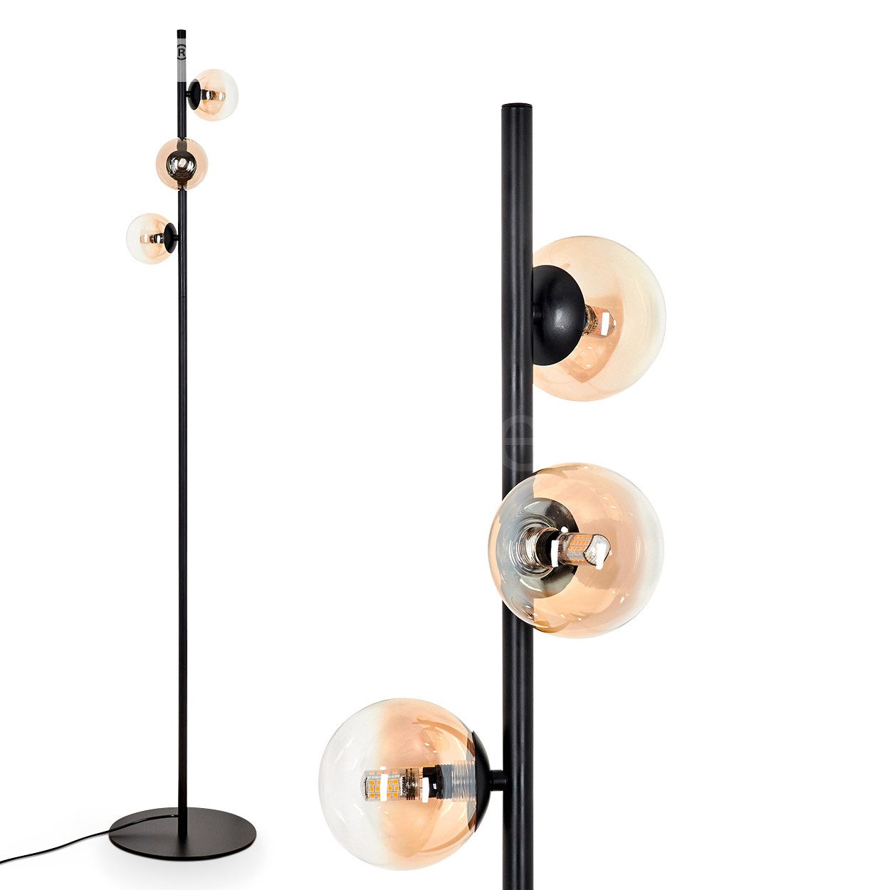 Stehlampe Stehlampe aus Metall/Glas in Schwarz/Bernstein/Klar