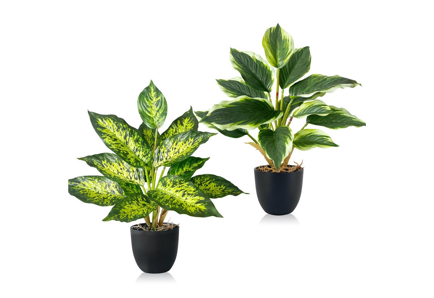 Kunstpflanze 2er-Set Künstliche Pflanzen im Topf – 37 cm Kunstpflanzen Dieffenbachia, SURFOU, Höhe 37 cm, Dieffenbachia mit je 14 Blättern, schwarzem Kunststofftopf