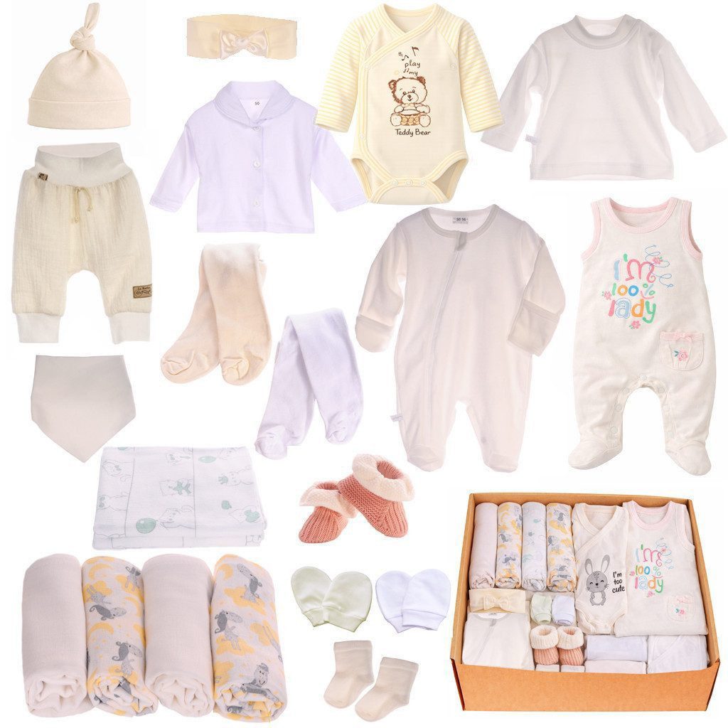 La Bortini Erstausstattungspaket Baby Paket Set 21Teile Strampler Hemdchen Shirt Strumpfhose Hose Body (Spar-Set, Socken, Füßlinge, Spucktücher, Flanell-Tücher, Lätzchen, Shirts) für Mädchen, in ecry weiß, 44 50 56 62 68