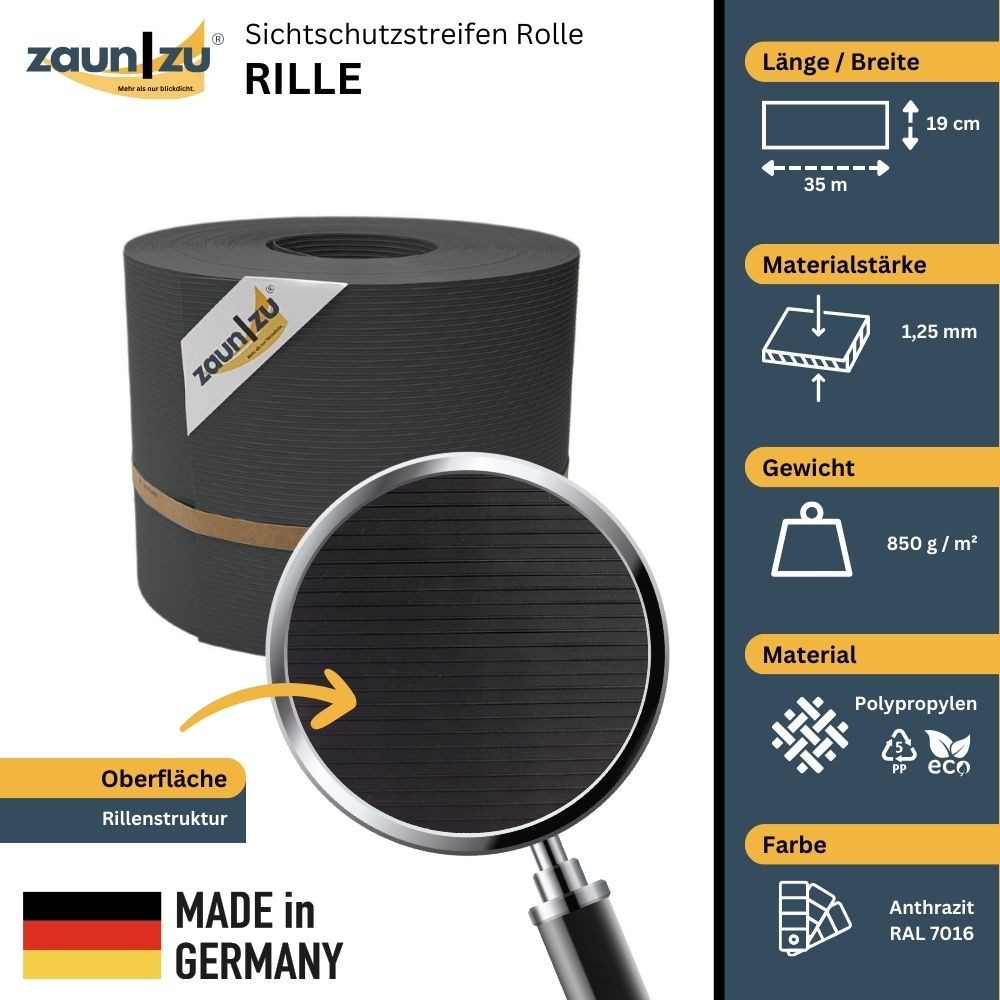 Thumbnail - zaunzu Sichtschutzstreifen Rille für Doppelstabmatten Zaunblende Anthrazit 35m, (1 Rolle, gerillte Optik, UV-beständiger...