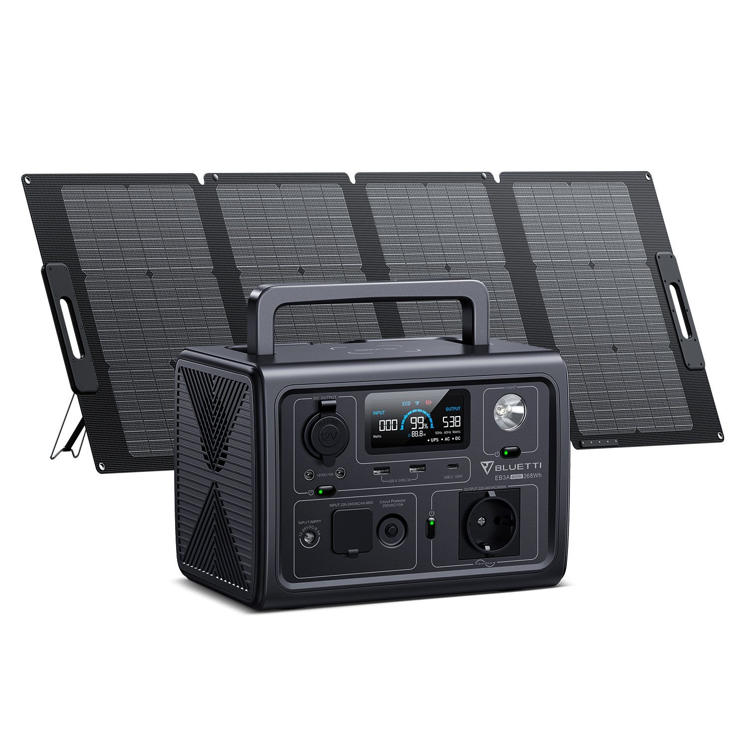 BLUETTI Stromerzeuger Solar (1-tlg., LiFePO4) 268Wh Solarpanel, EB3A Generator Kit 600W mit 120W