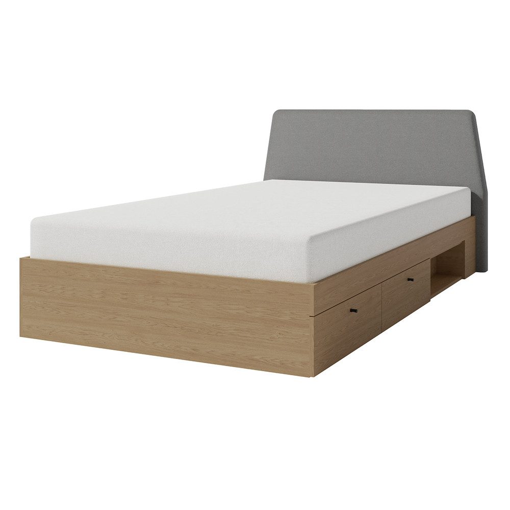 Lomadox Bettgestell ALAMO-133, Eiche Nb. mit grau, 120x200cm, 2 Schubkästen, 1 offenes Fach