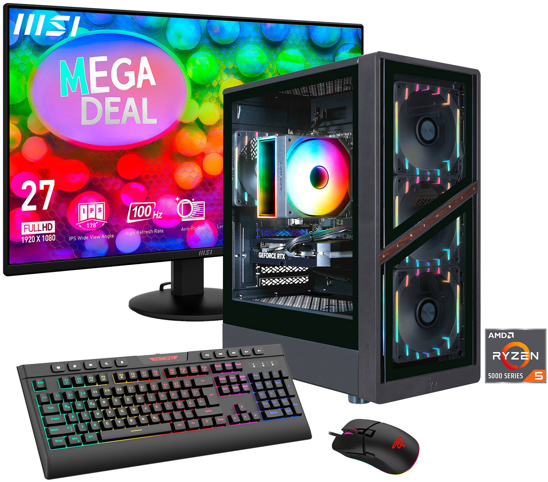 GAMEMAX MegaDeal AERIS GB 2819 AMD Ryzen 5 5500 16GB 480GB SSD RTX 5050 Gaming-PC-Komplettsystem (27", AMD Ryzen 5 5500, RTX 5050, 16 GB RAM, 480 GB SSD, Windows 11 + MSI PRO MP272L LCD-Monitor, 68,6cm (27)