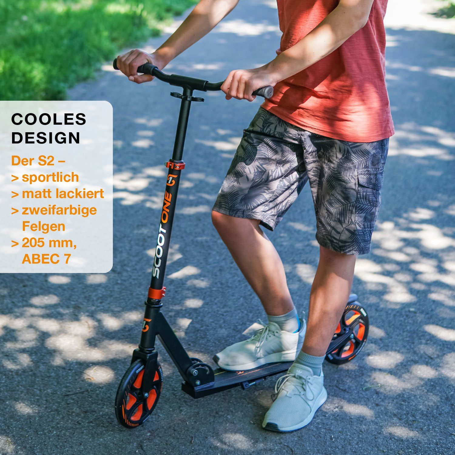 Scoot One Tretroller – Roller, Höhenverstellbarer Cityroller Kickroller 205mm klappbar S2, Aluminium orange