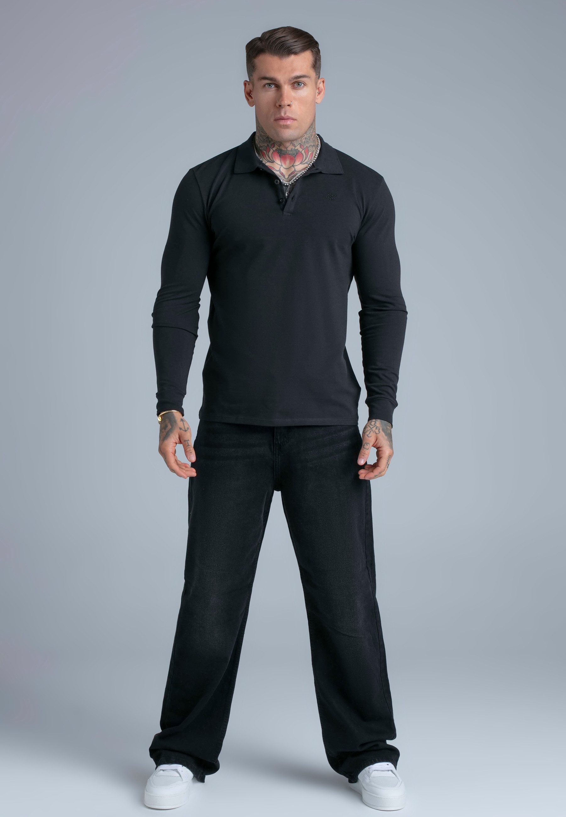 Siksilk T-Shirt SikSilk Herren Schwarzes Langarm Button-Polo – Bild 3 von 4