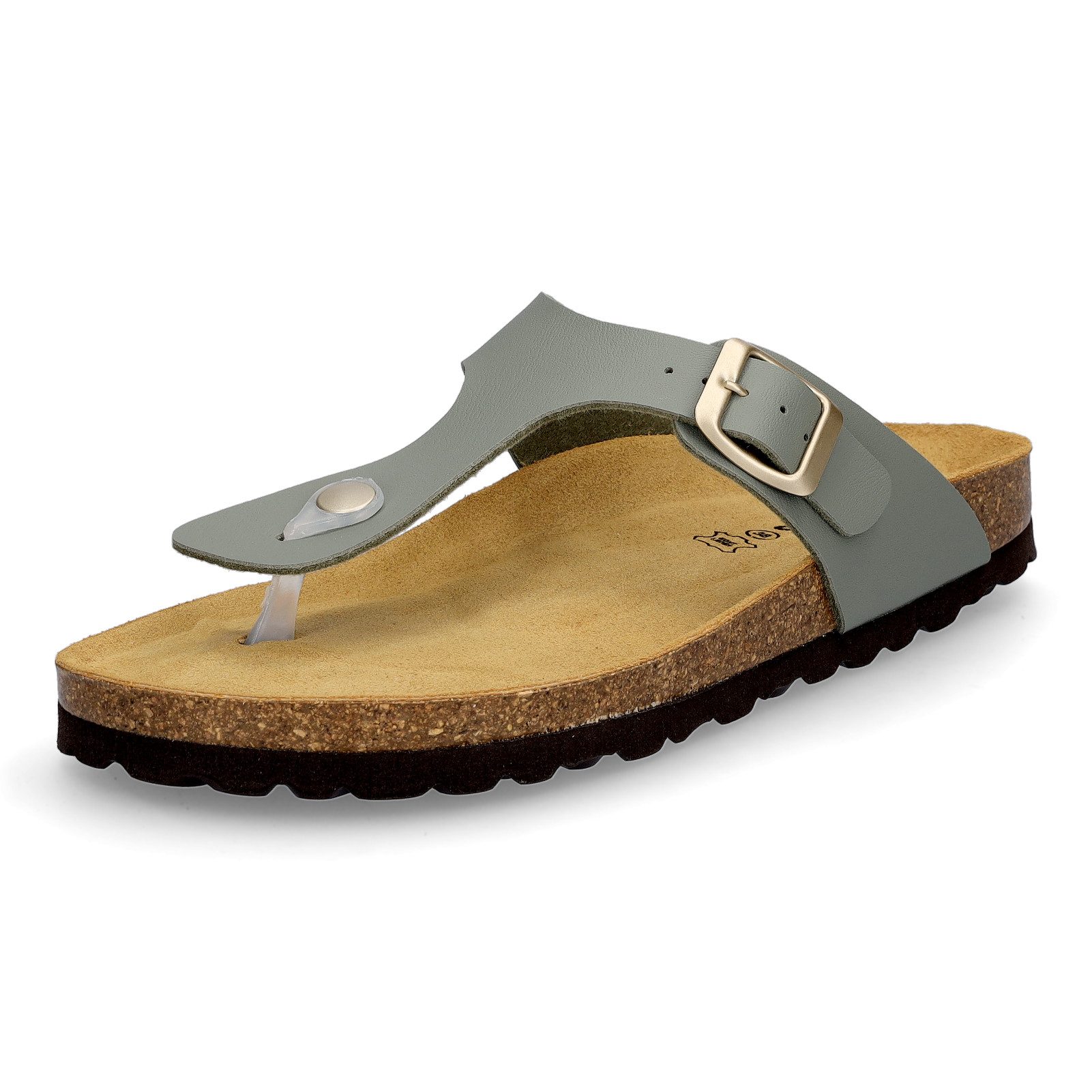 MIDS MIA Damen Pantolette olivgrün, Zehentrenner mit Lederfußbett, Schnalle und Korksohle