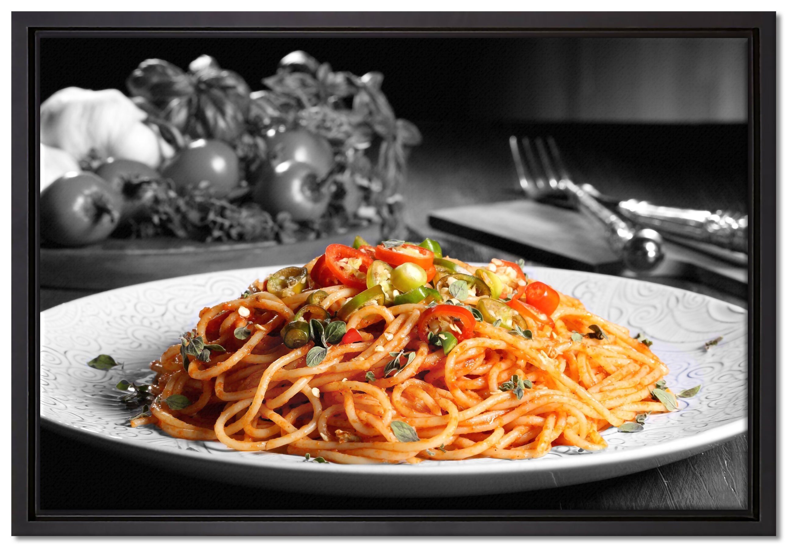 Leinwandbild Zackenaufhänger Schattenfugen-Bilderrahmen fertig schmackhafte einem Spaghetti in (1 Pixxprint inkl. Italia, Wanddekoration St), bespannt, gefasst, Leinwandbild