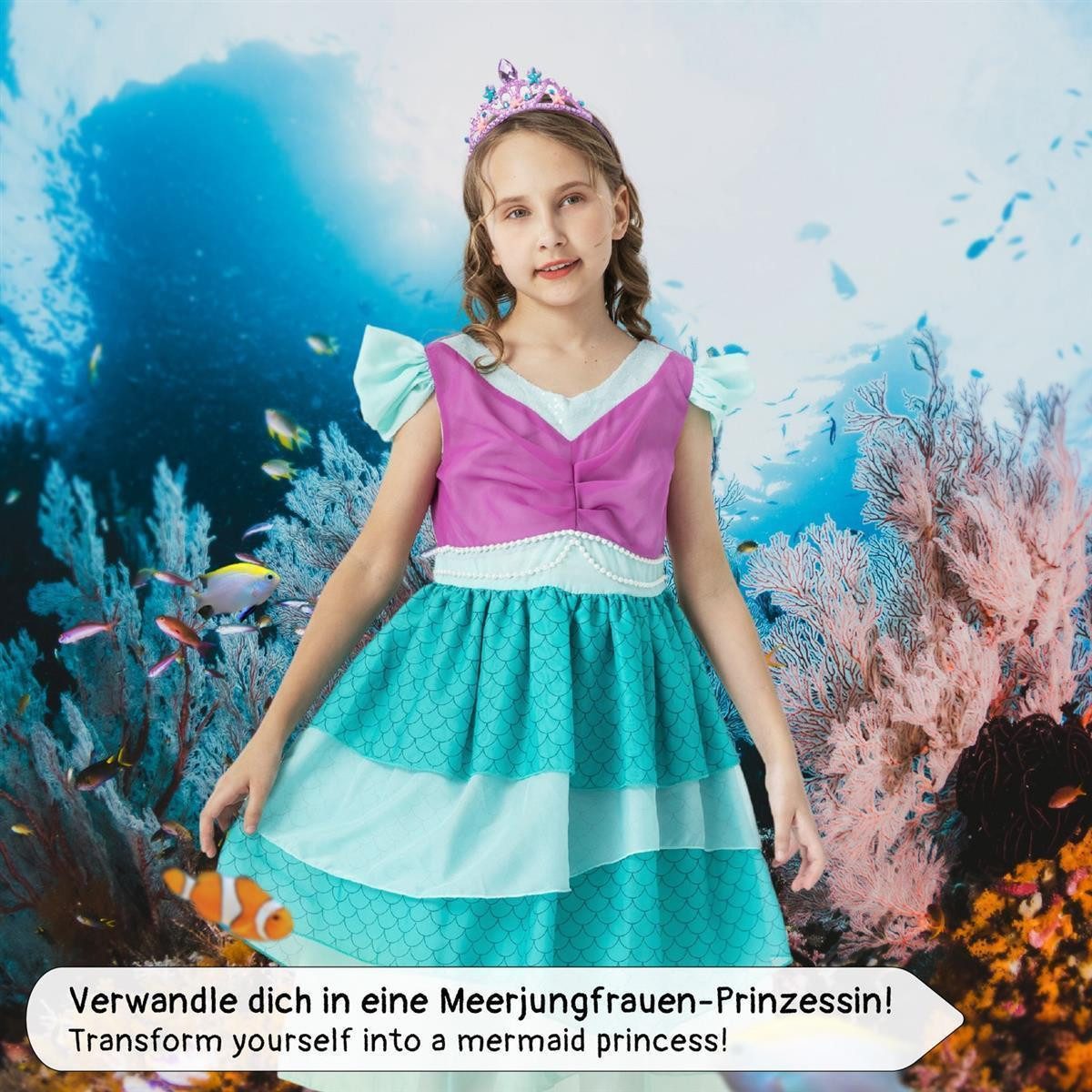 Corimori Prinzessin-Kostüm Meerjungfrau Kleid für Kinder mit Tattoos & Diadem, Meerjungfrauen - Kostüm Kleid für Karneval, türkis, Größe 110/116