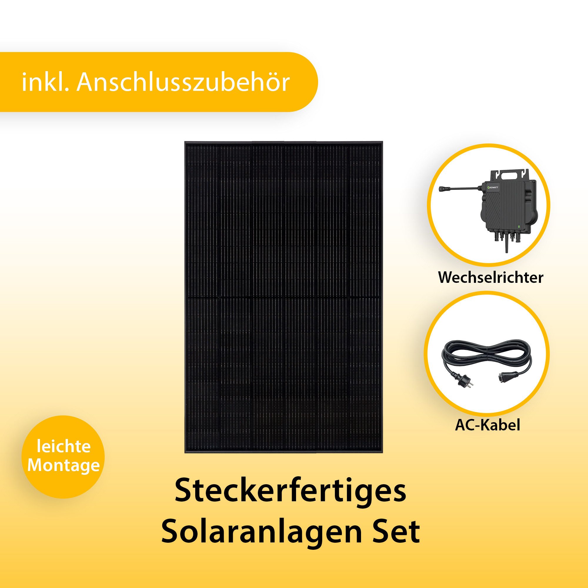 VALE Balcony Power Plant Intelligent Solar System Set Bifacial with Inverter (in set with Growatt Inverter, Full Black, 880-920 Wp), Plug&Play, BKW, Solar Module, Photovoltaic Set, WiFi, App Control