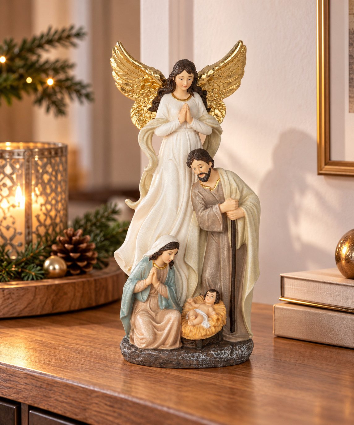 MF Krippenfigur Krippenfigur Heilige Familie mit Schutzengel Gold Weiß 20 cm (1 St)