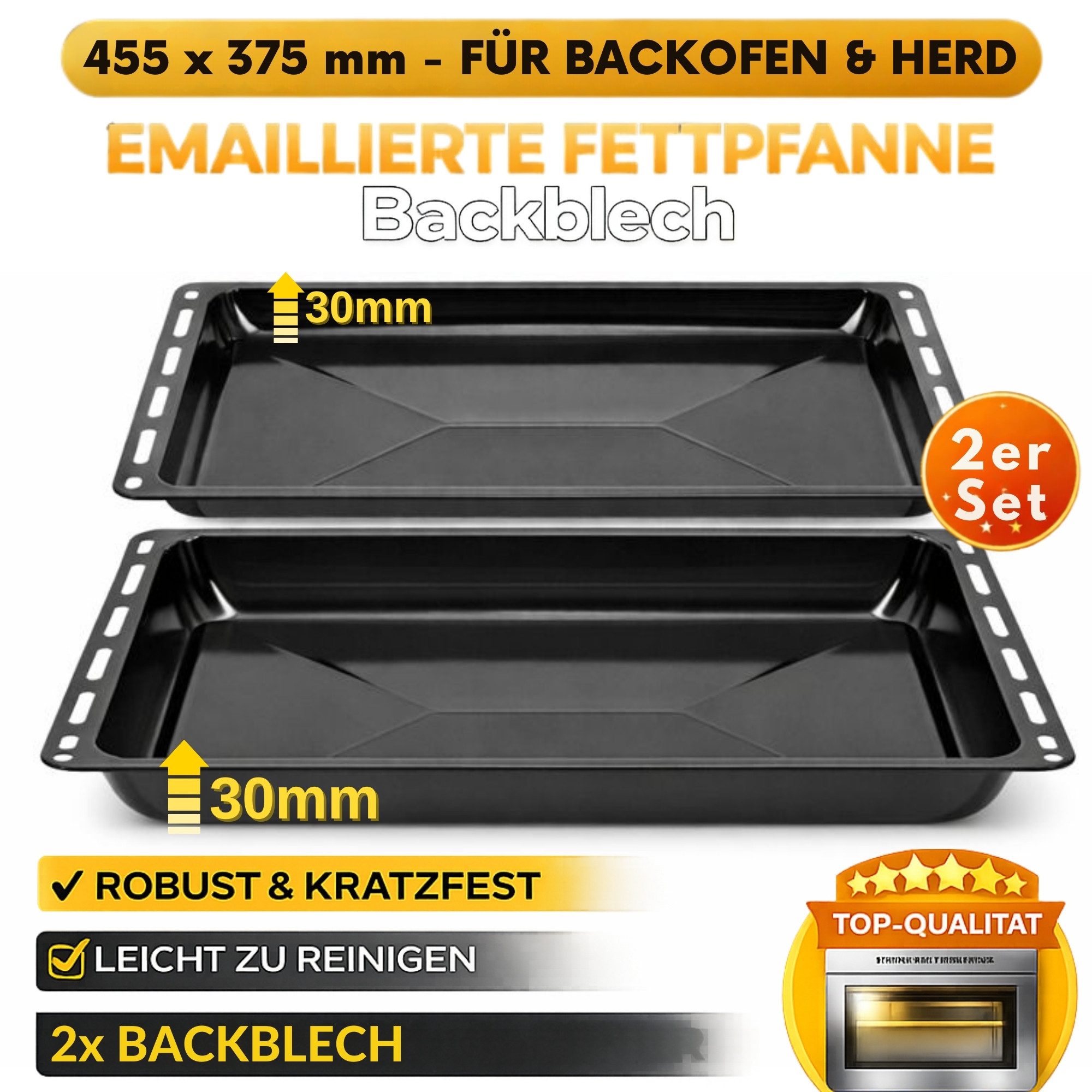 ICQN Backblech 455 x 375 x 30 mm Set, Emaille, (2-St), Kratzfest & Rostfrei, 45,5 x 37,5 cm