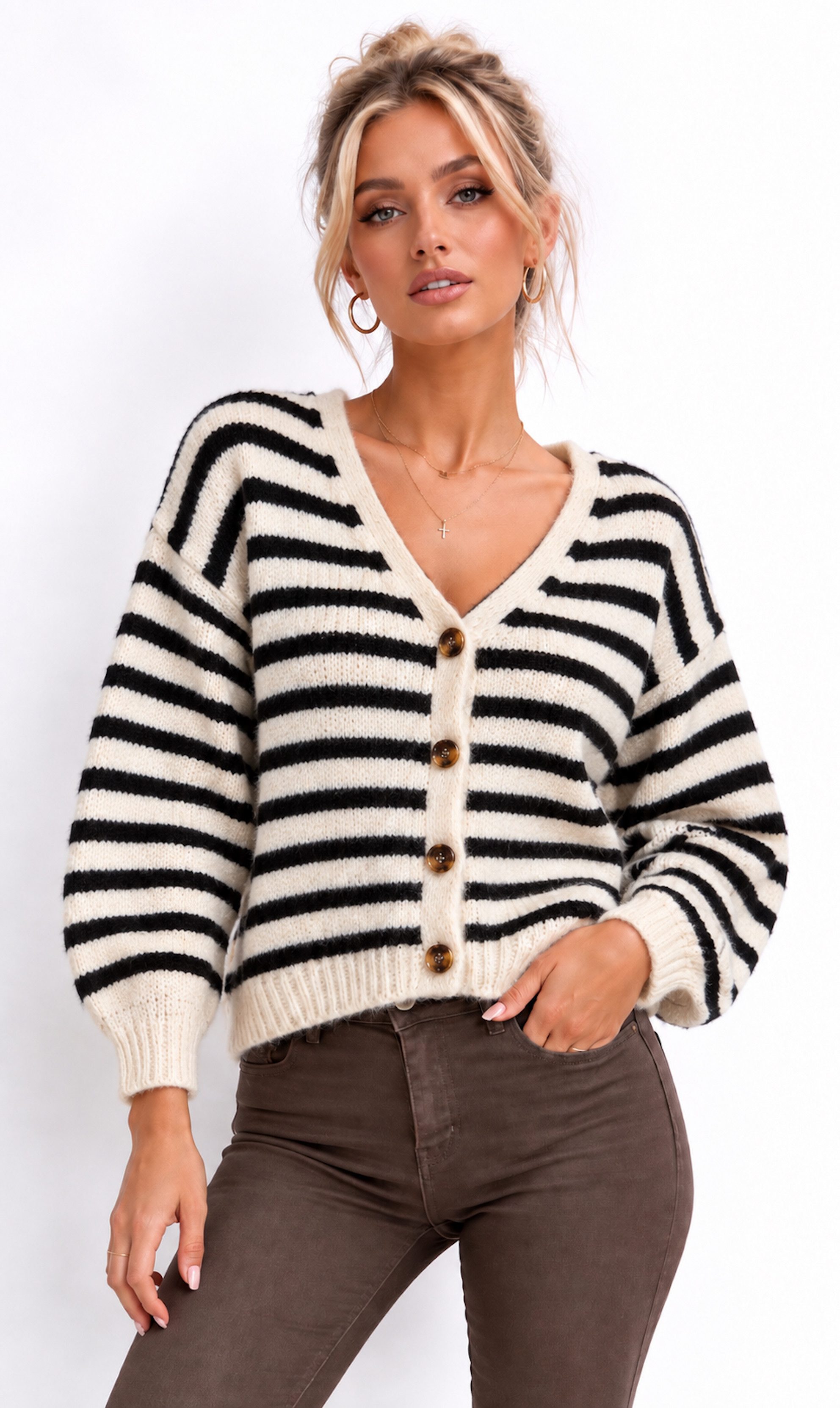 Worldclassca Cardigan WORLDCLASSCA Strick Cardigan Knopf Strickpullover Gestreift Streifen Neue Kollektion - Stilvolle und gemütliche Strickmode für Damen