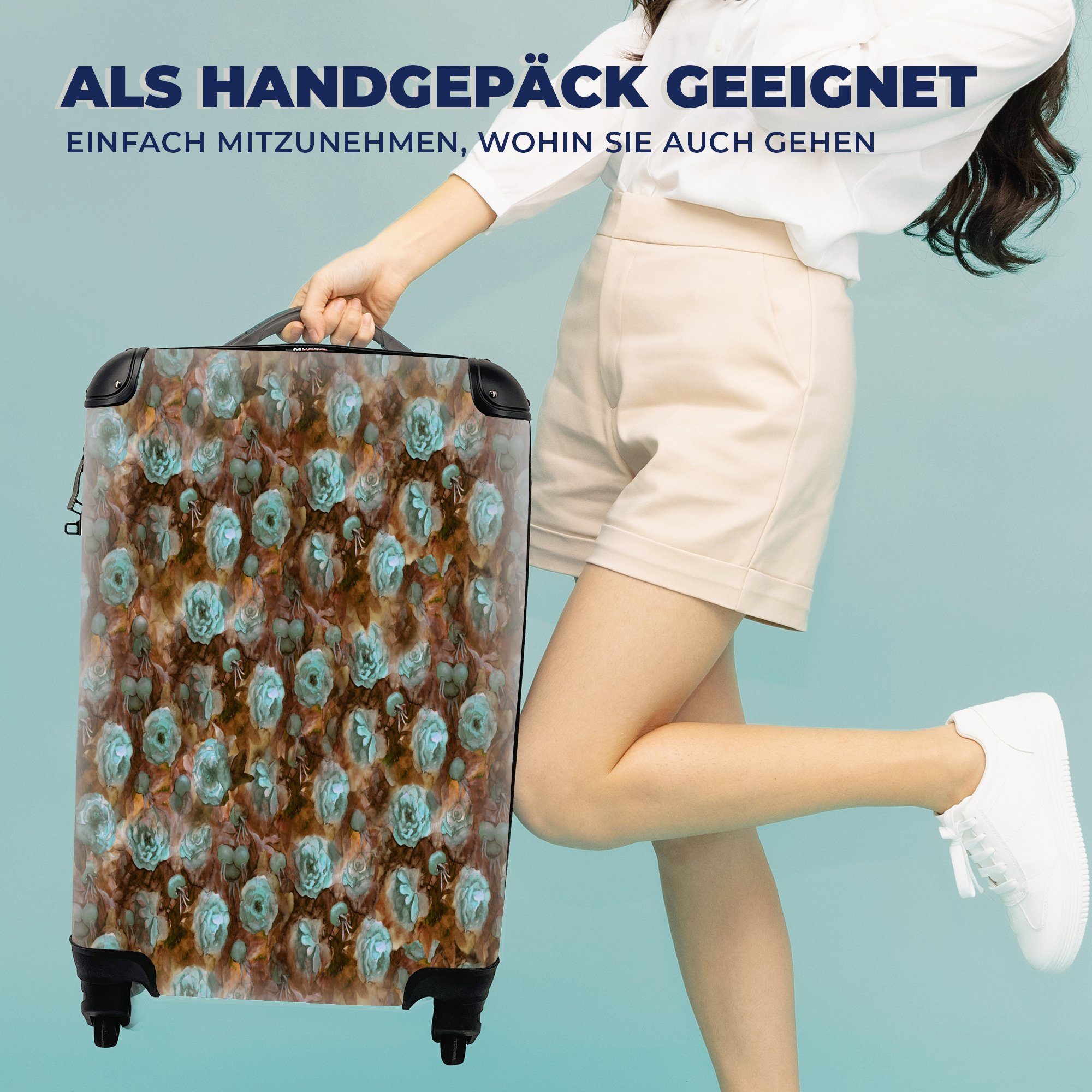 Rosen Aquarell 4 Handgepäckkoffer Ferien, Reisetasche Trolley, rollen, - mit Reisekoffer MuchoWow Rollen, für Blau, Handgepäck -