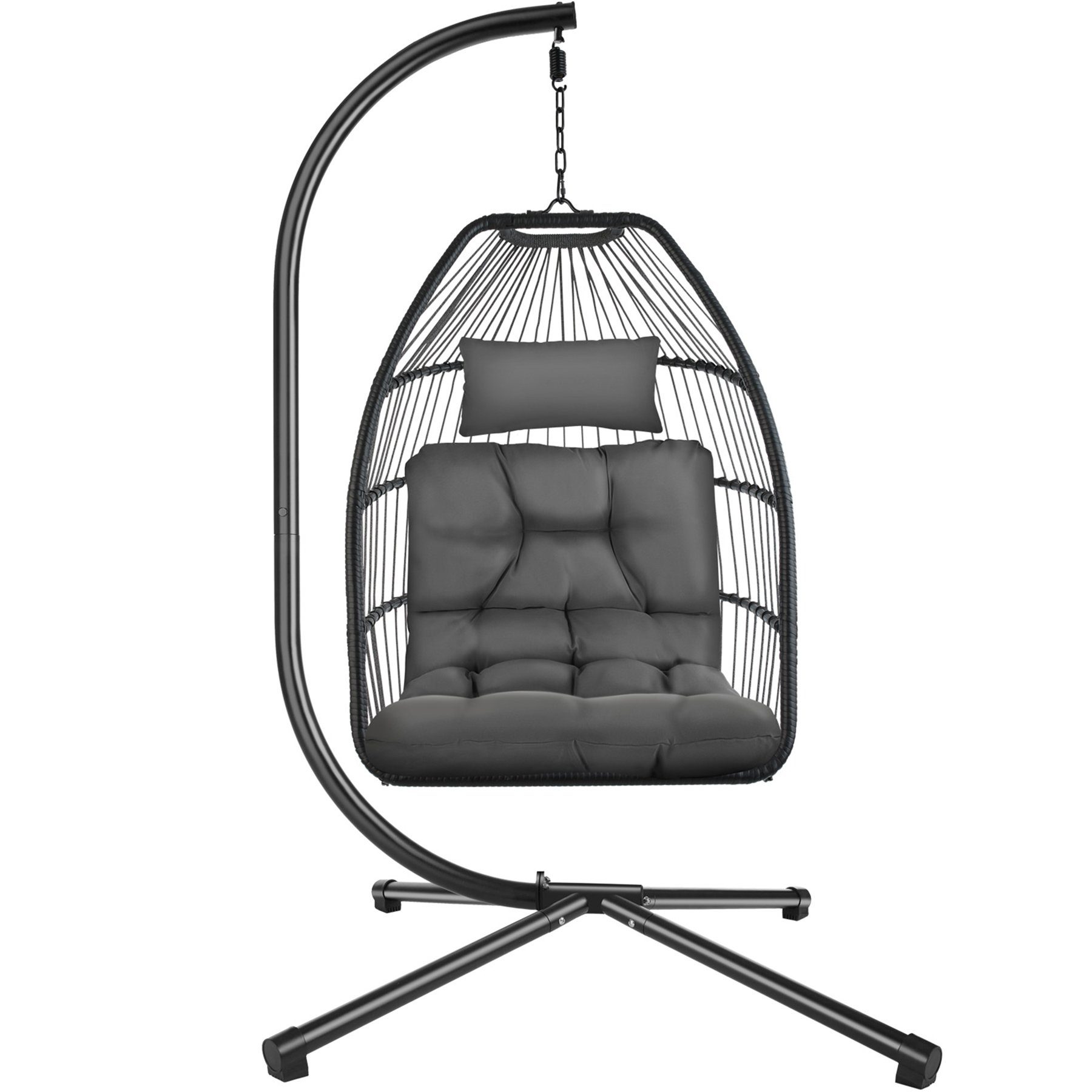 tectake Hängesessel Hängeschaukel mit extra dickem Sitz- und Kopfkissen, 98 x 107 x 202 (Hängestuhl Ariane mit Gestell, für Indoor und Outdoor, in Dunkelgrau), bodenschonend und faltbar, Belastbarkeit 160 kg, inklusive Schutzhülle