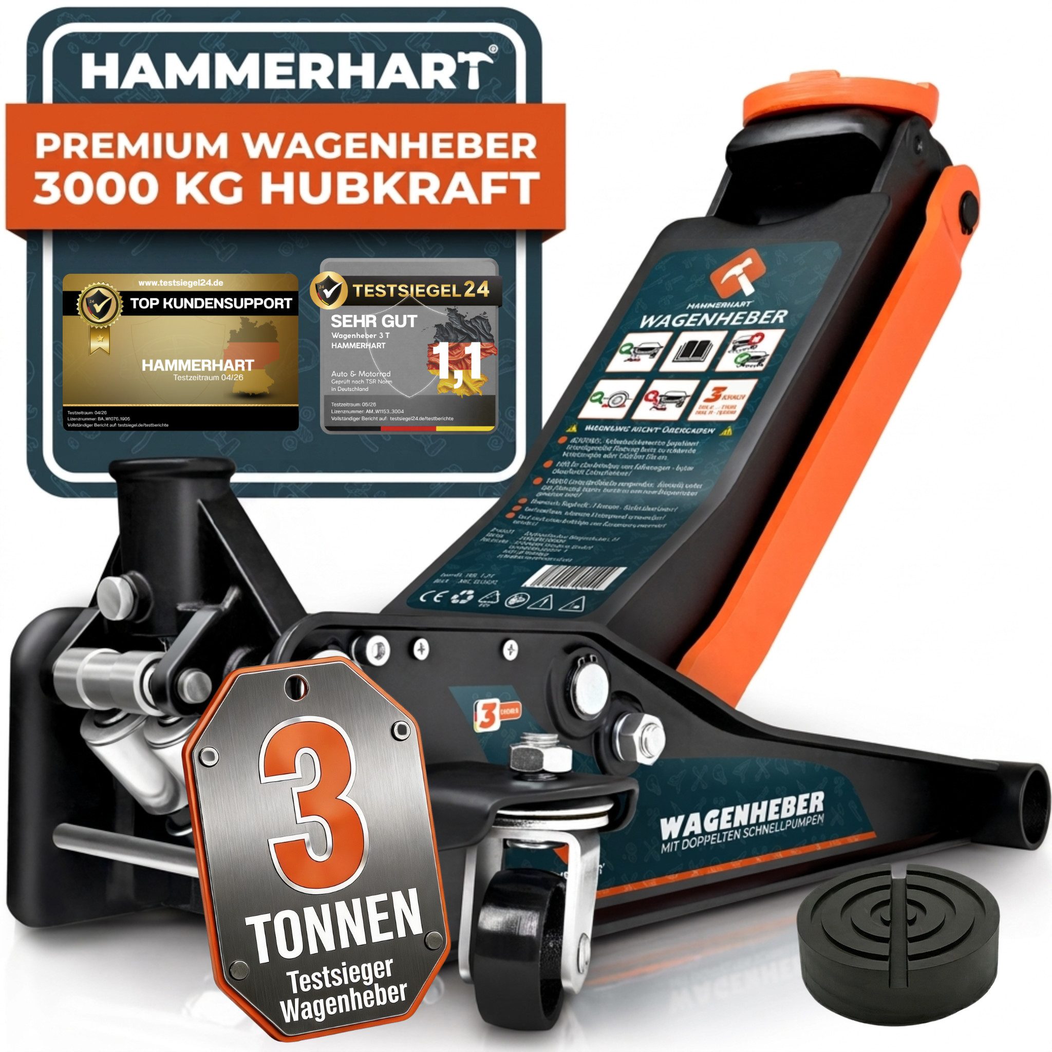 HAMMERHART Wagenheber Hydraulischer Wagenheber 3T, Flach, Doppelkolben, 75–460 mm, max. Hubhöhe: 46 cm, Premium Wagenheber 3 Tonnen, Wagenheber 3 Tonnen