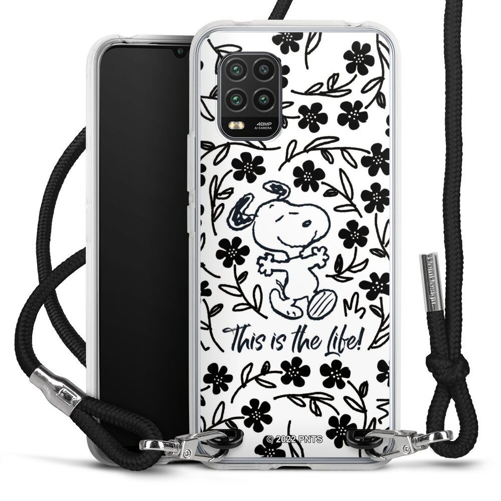 DeinDesign Handyhülle Peanuts Blumen Snoopy Snoopy Black and White This Is The Life, Xiaomi Mi 10 lite Handykette Hülle mit Band Case zum Umhängen