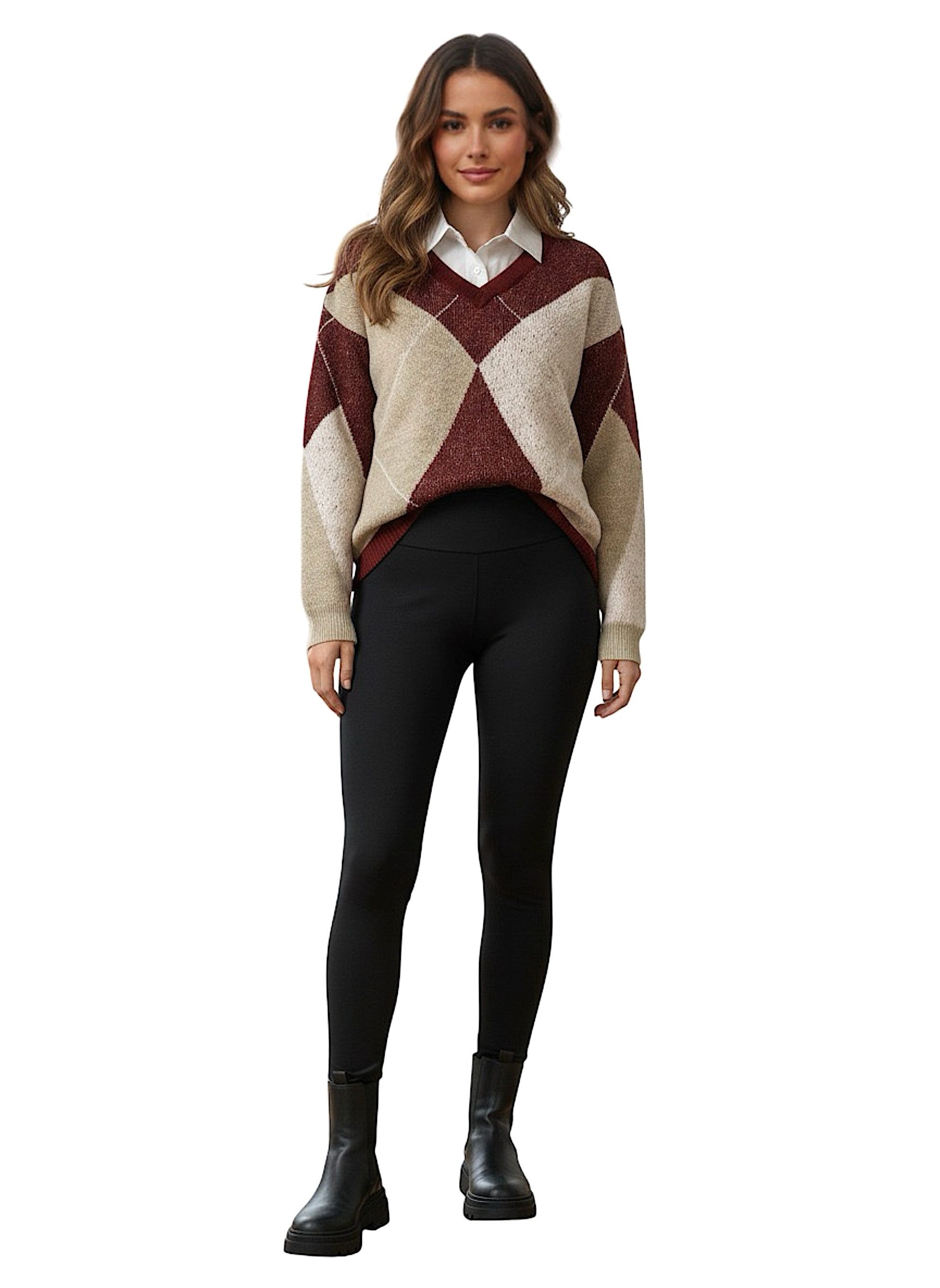 Worldclassca Strickpullover WORLDCLASSCA Strickpullover Kariert Karo mit Bluse Kragen V-Ausschnitt Neue Kollektion - Stilvolle und gemütliche Strickmode für Damen