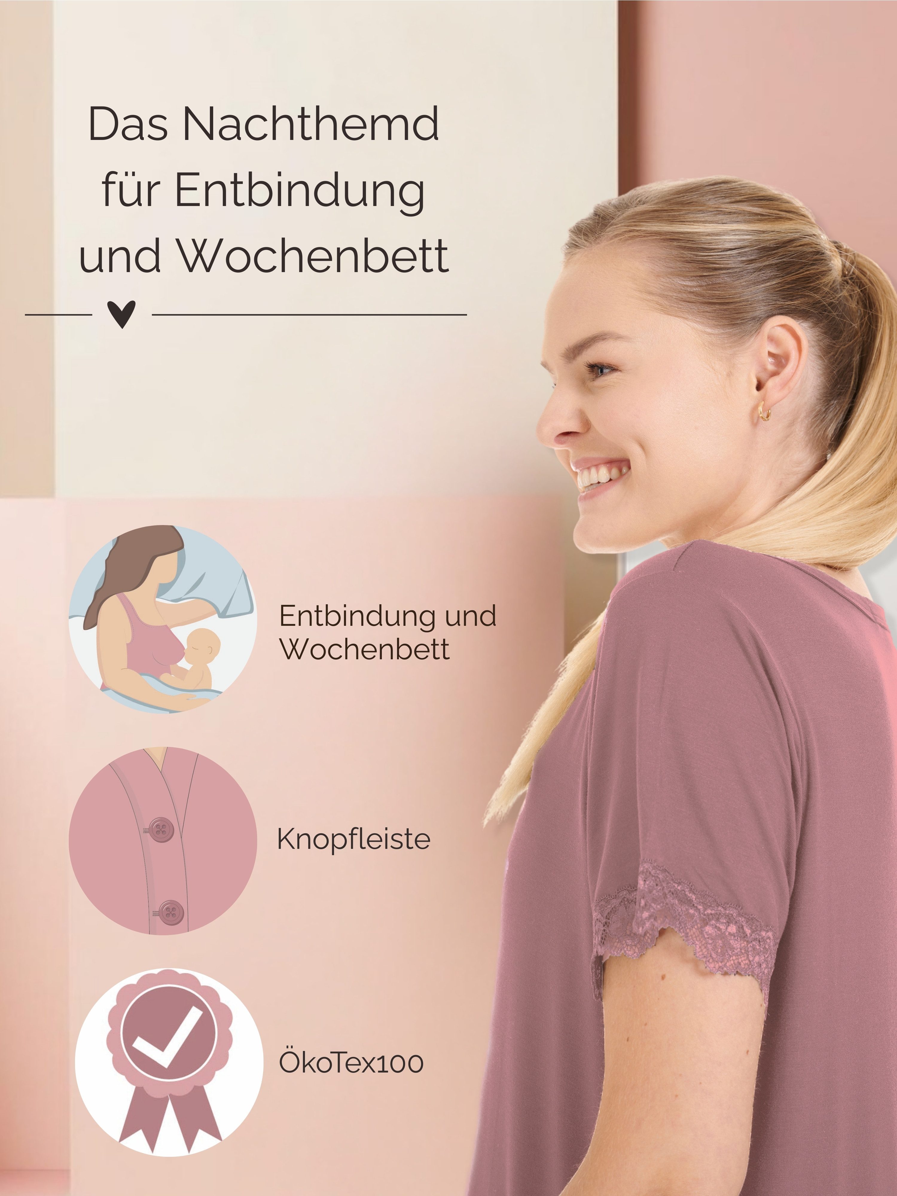 Herzmutter Umstandsnachthemd Stillnachthemd - Knopfleiste - Wochenbett-Geburt Schwangerschaftsnachtkleid